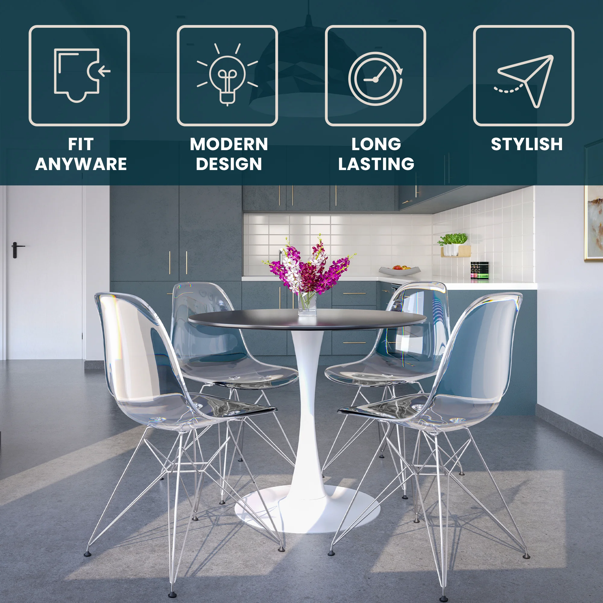 Bristol Mid-Century Modern Round Dining Table with Wood Top and Iron Pedestal Base with Gloss Finish for Kitchen and Dining Room