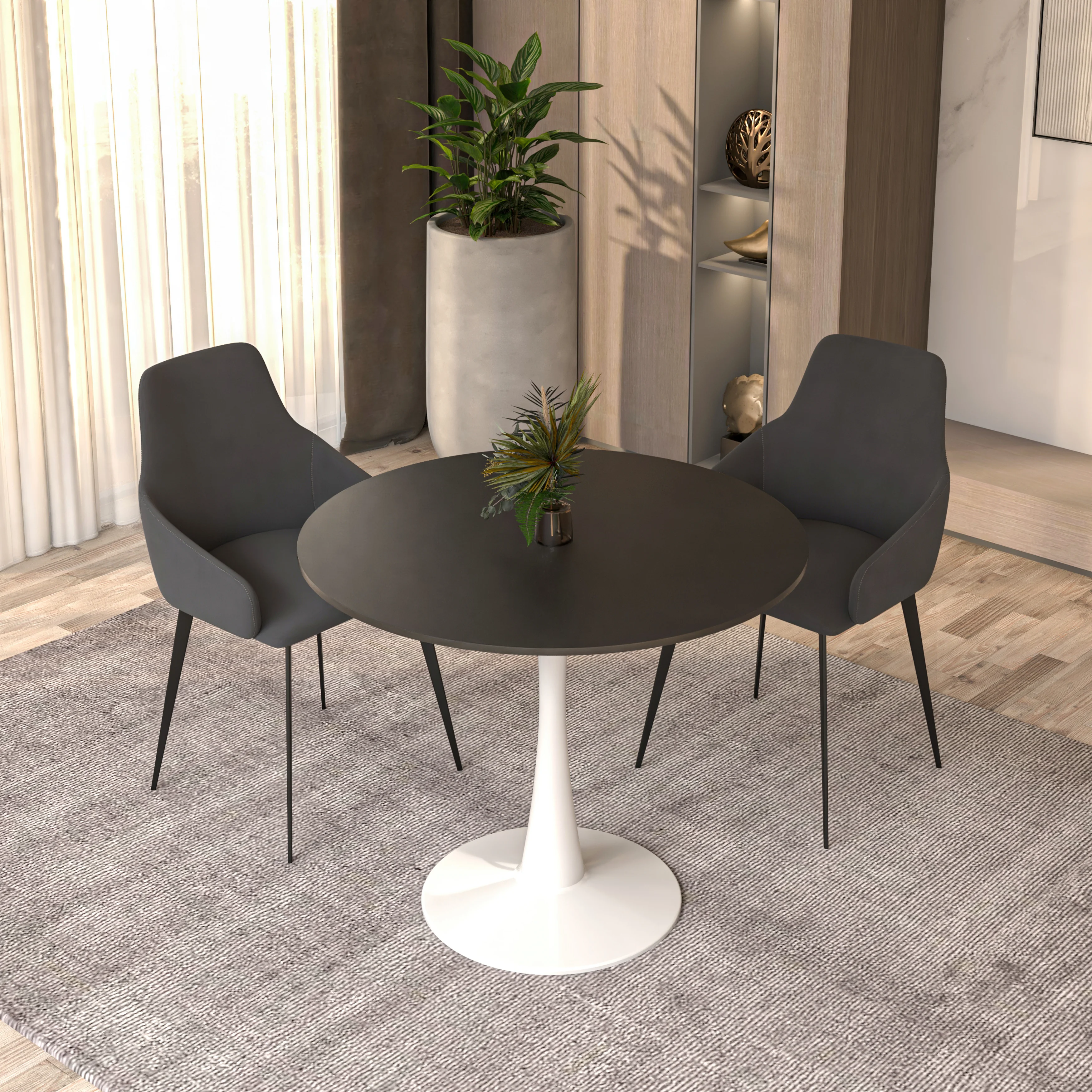 Bristol Mid-Century Modern Round Dining Table with Wood Top and Iron Pedestal Base with Gloss Finish for Kitchen and Dining Room