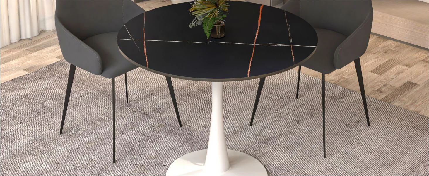 Bristol 35" round dining table White base with Black Sintered stone Top