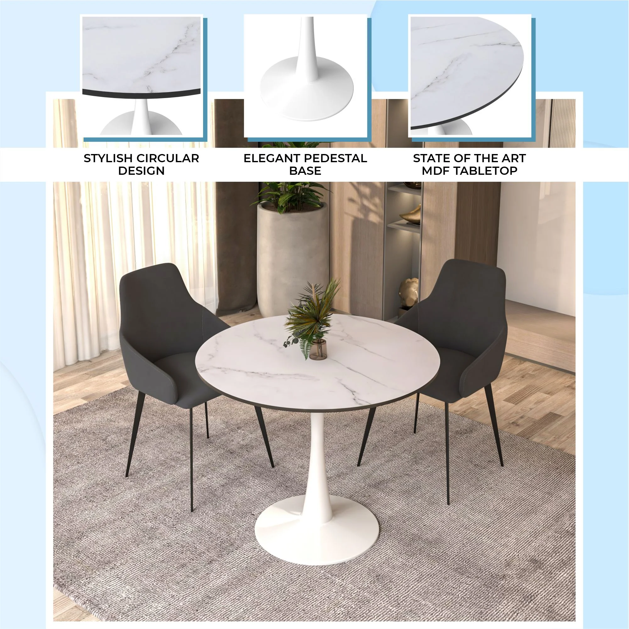 Bristol 35" round dining table White base with marbled MDF top