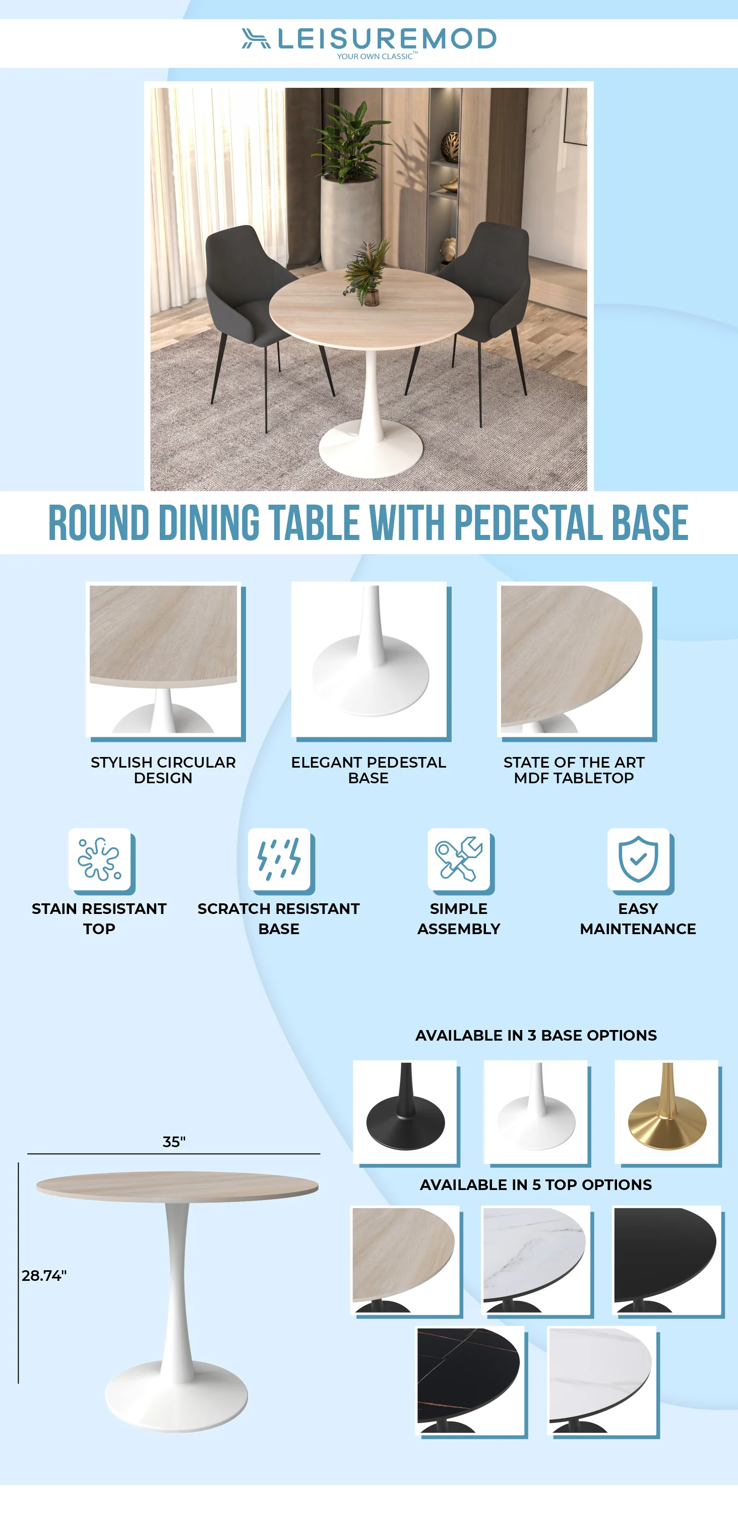 Bristol - Bistro Table - White base Natural wood Top