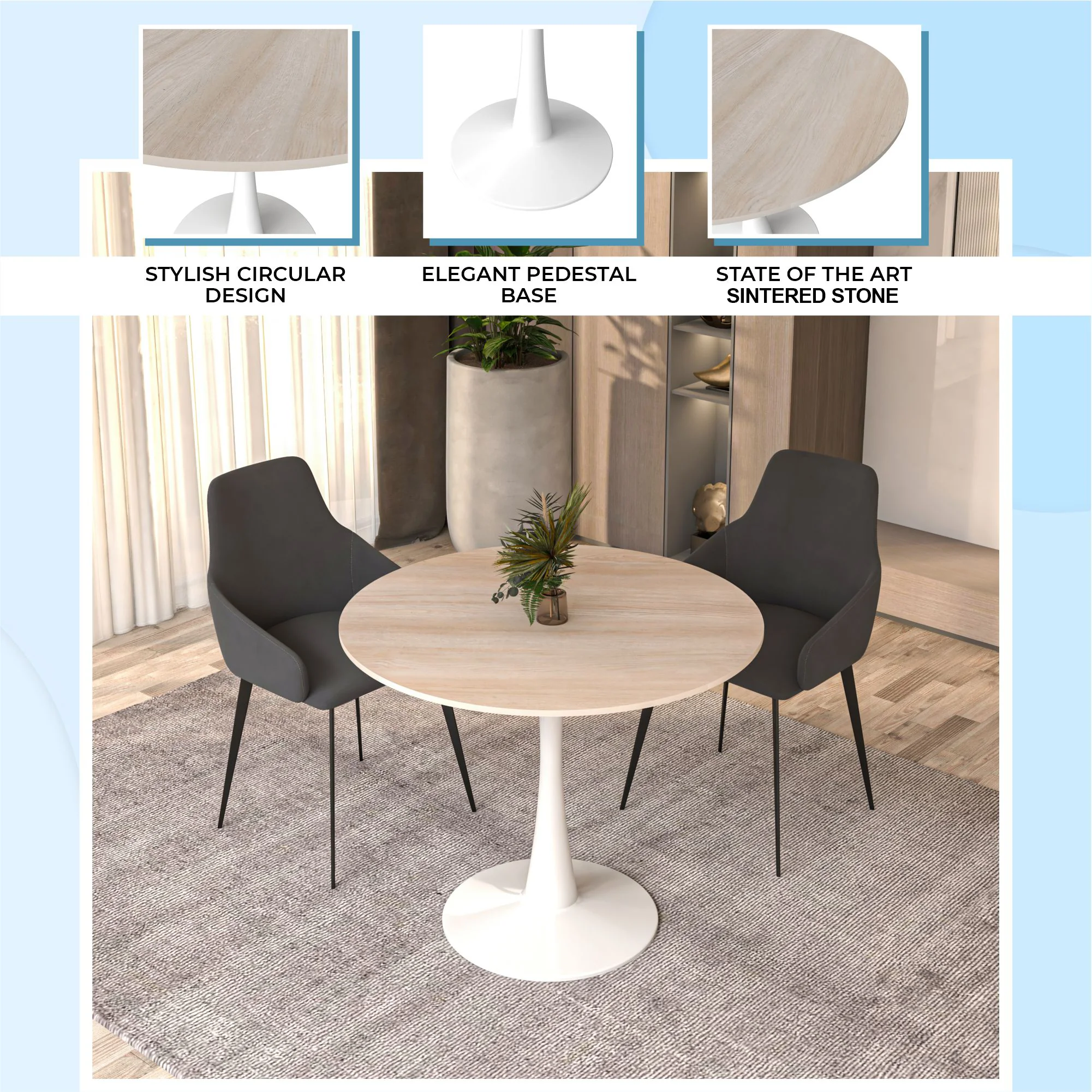 Bristol 35" Round Dining Table White Base with Sintered Stone Natural Wood Top