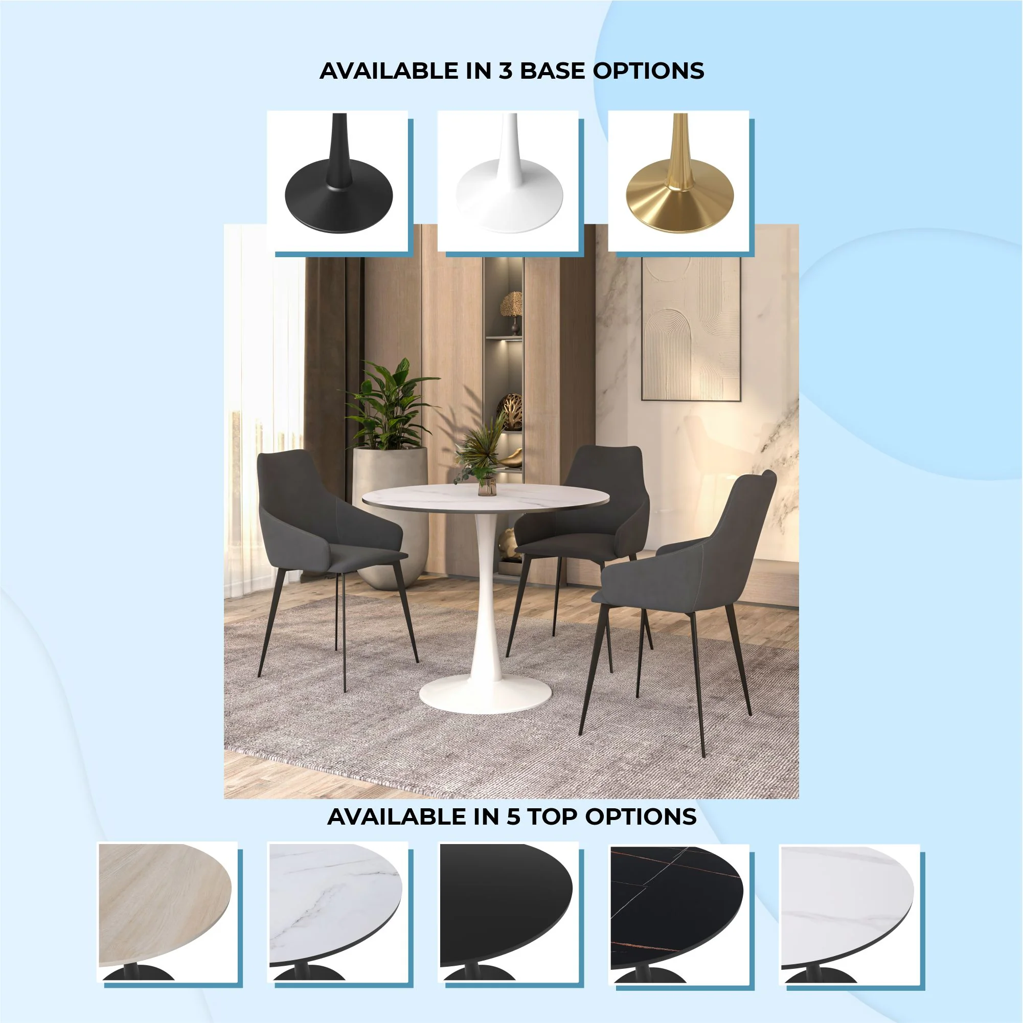 Bristol Mid-Century Modern Round Dining Table with Wood Top and Iron Pedestal Base with Gloss Finish for Kitchen and Dining Room