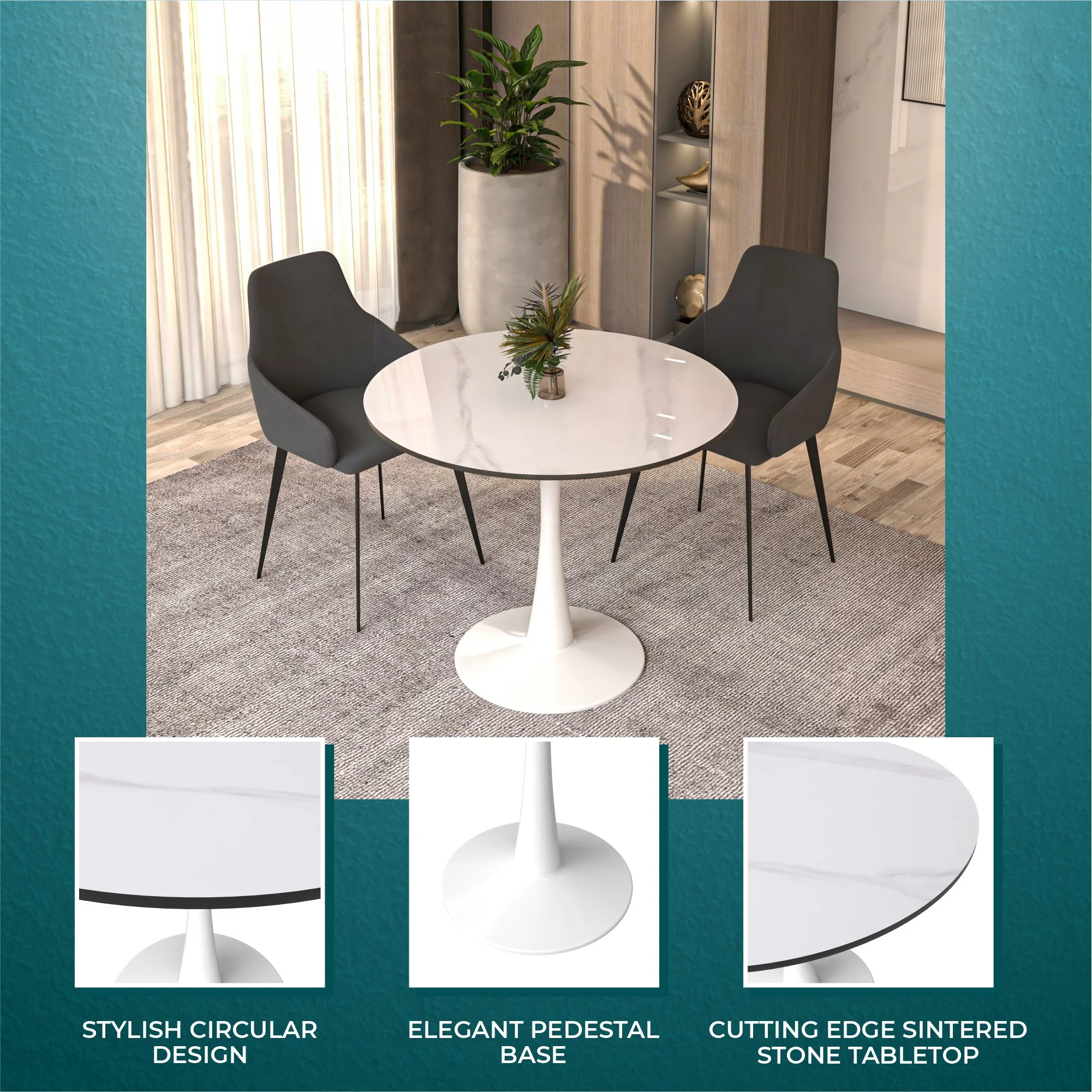 Bristol 35" round dining table White base with White Sintered stone Top