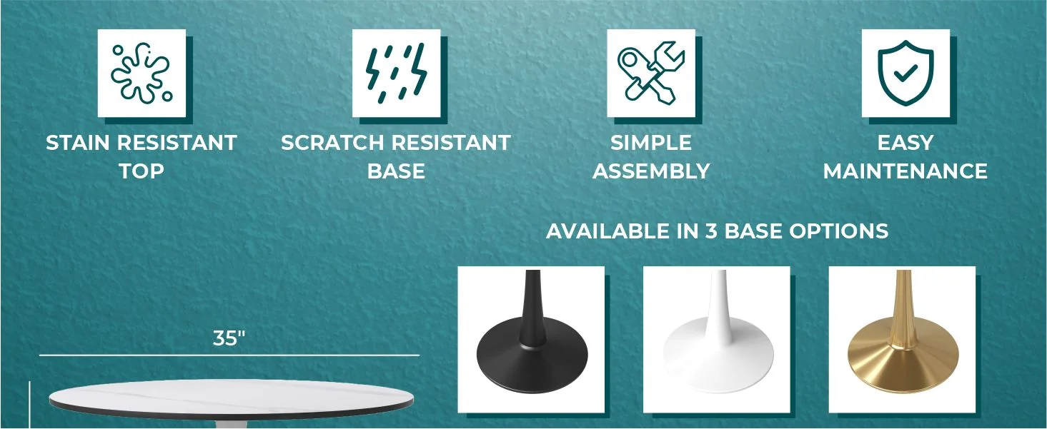 Bristol 35" round dining table White base with White Sintered stone Top