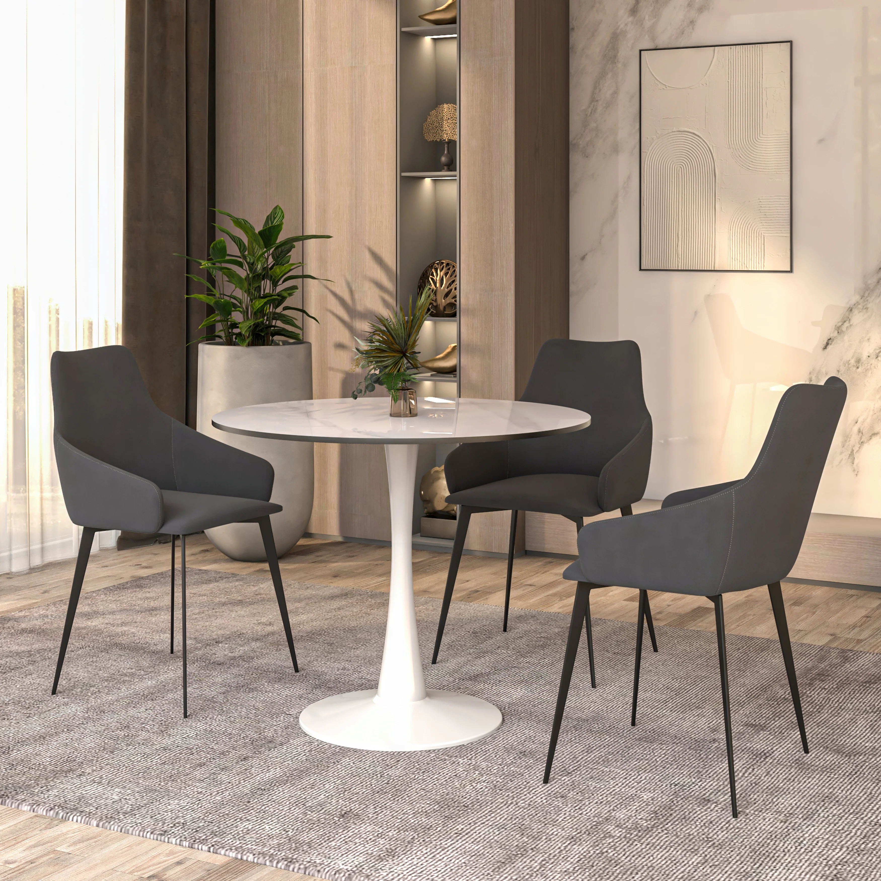 Bristol 35" round dining table White base with White Sintered stone Top