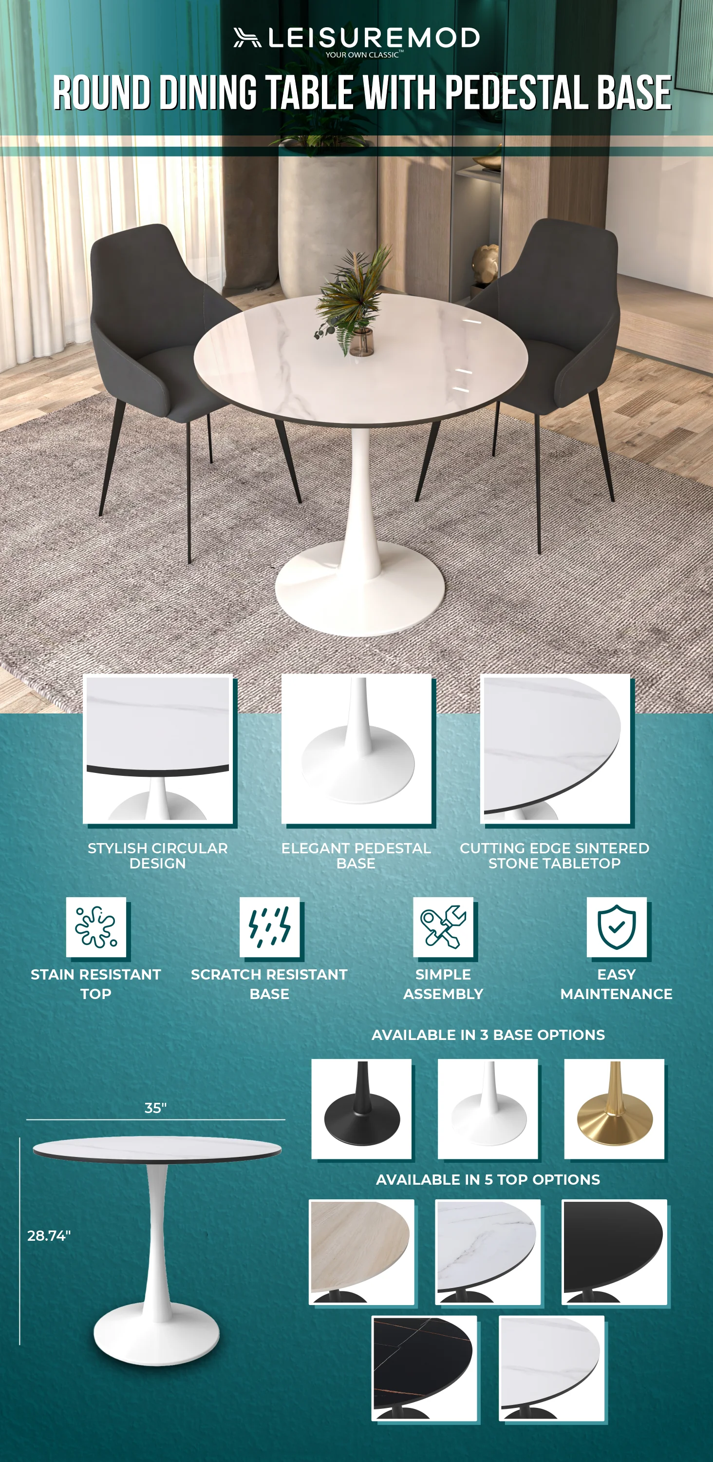 Bristol 35" round dining table White base with White Sintered stone Top