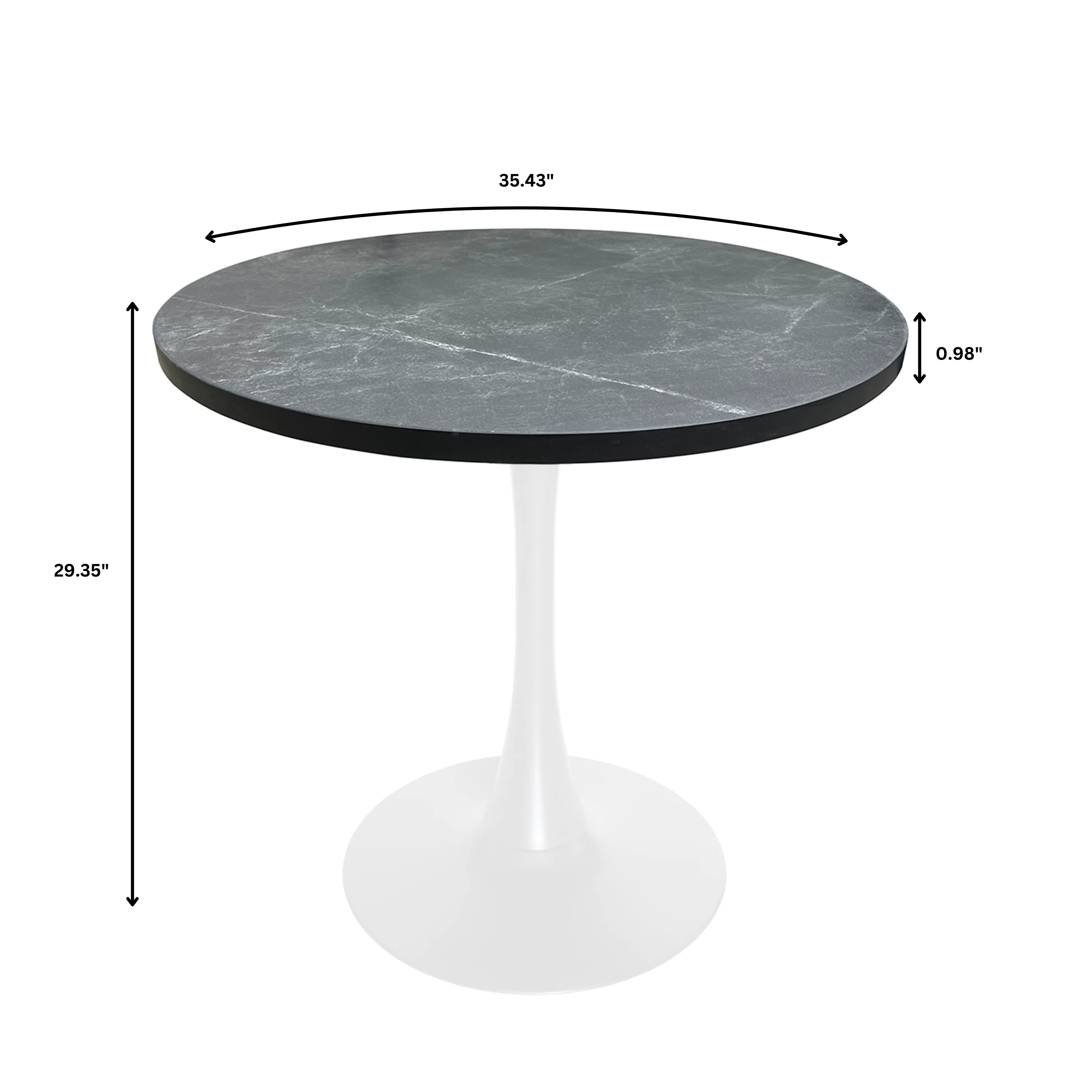 Bristol Dining table, White Base with 36" Round Marbleized Black MDF top