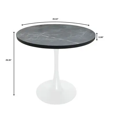 Bristol Dining table, White Base with 36" Round Marbleized Black MDF top