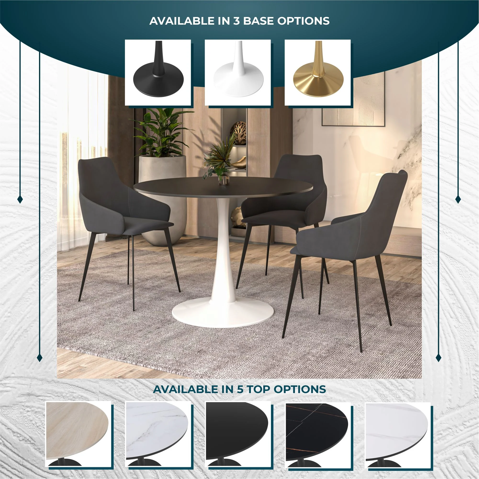 Bristol, 40" Round dining table in White Base with Blacktop