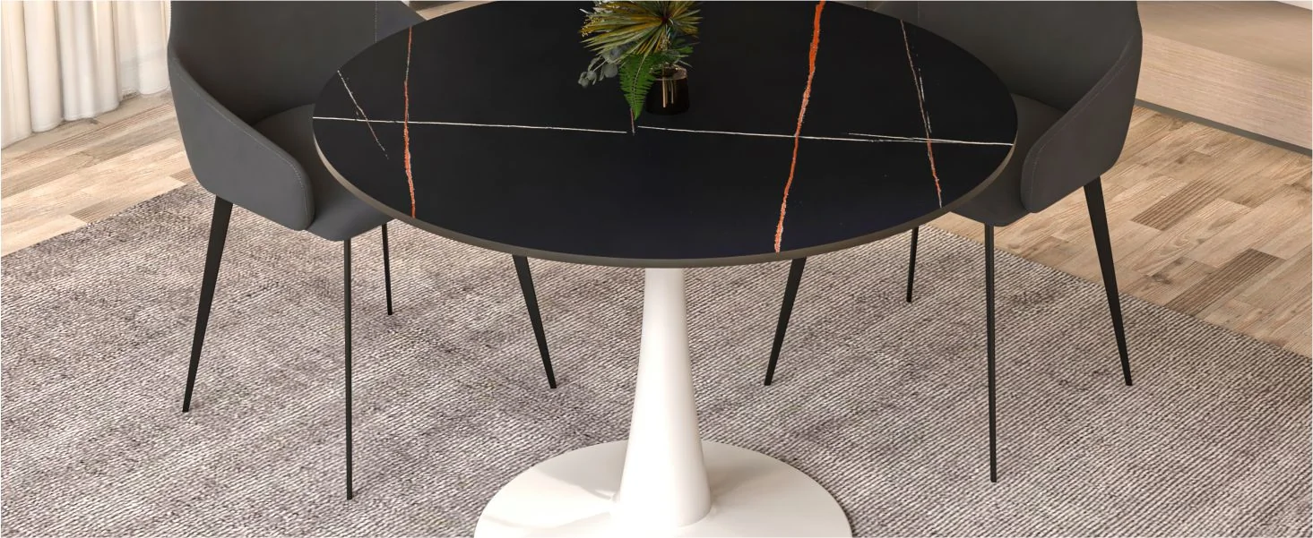 Bristol 40" round dining table White base with Black Sintered stone Top