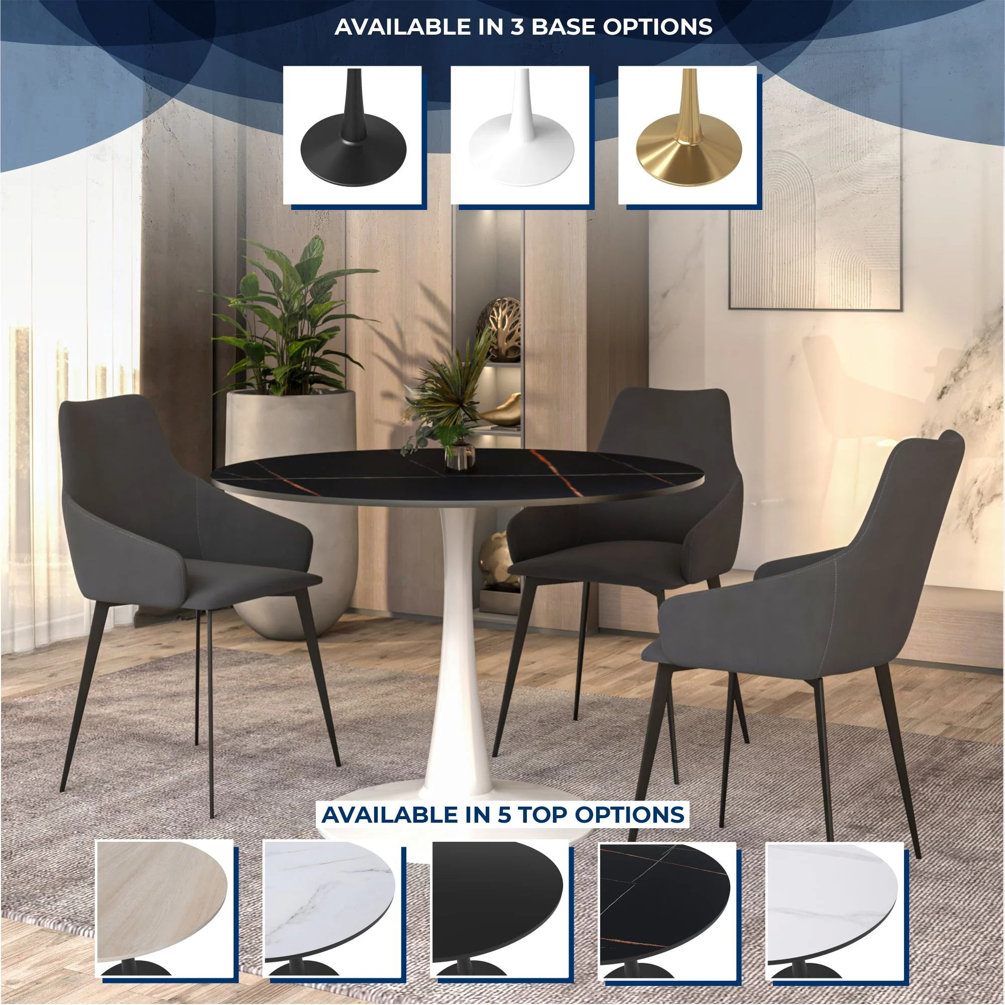 Bristol 40" round dining table White base with Black Sintered stone Top