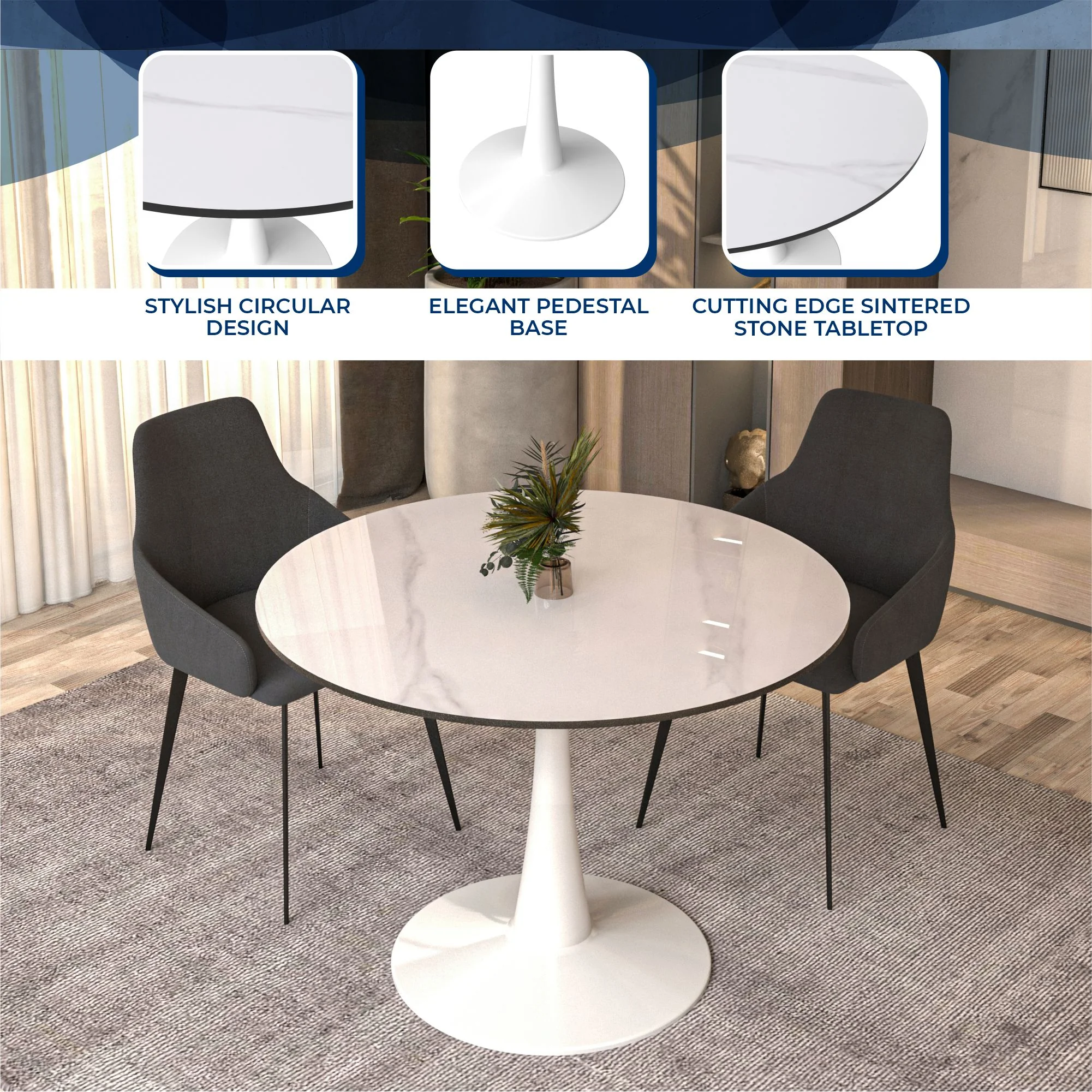 Bristol 40" round dining table White base with White Sintered stone Top