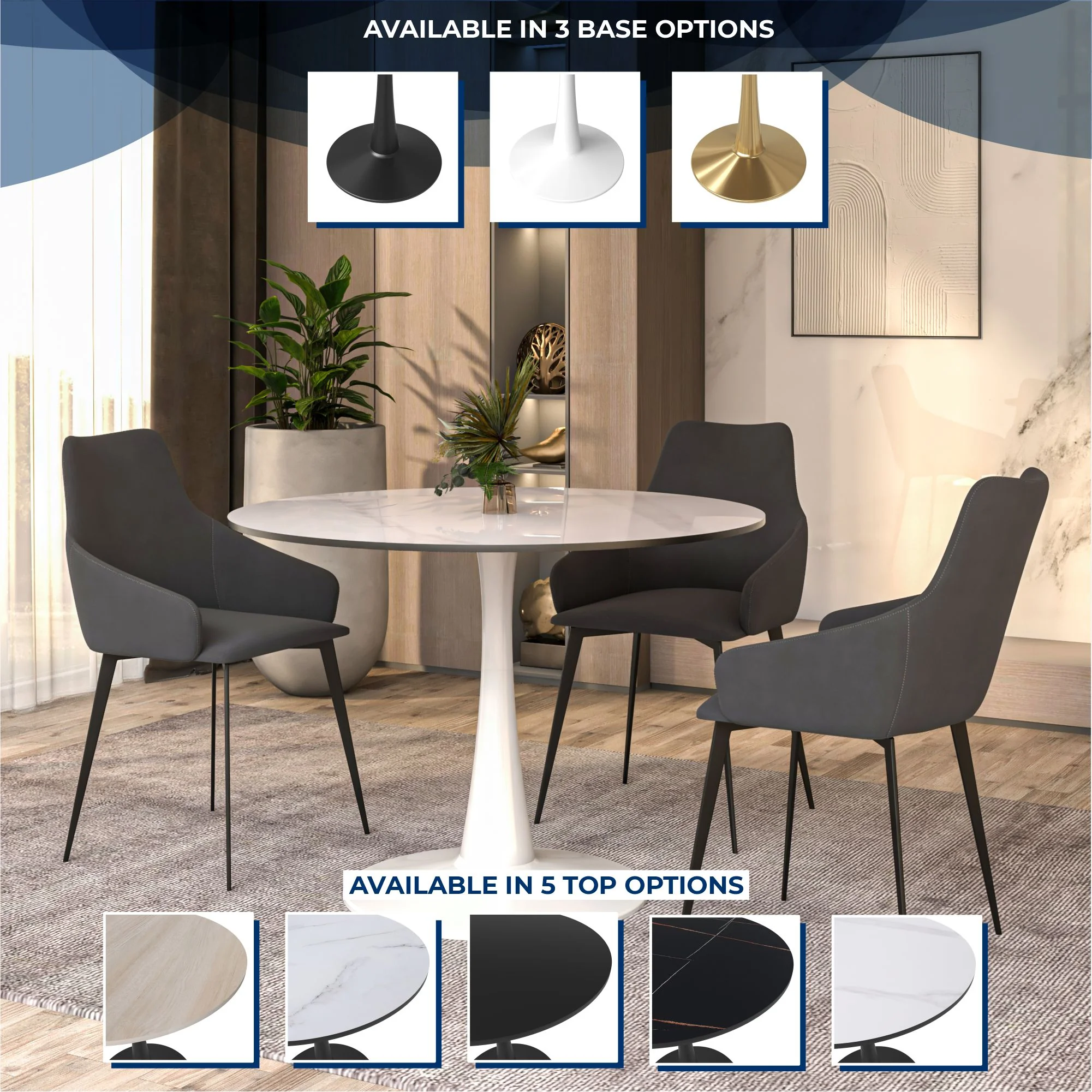 Bristol 40" round dining table White base with White Sintered stone Top