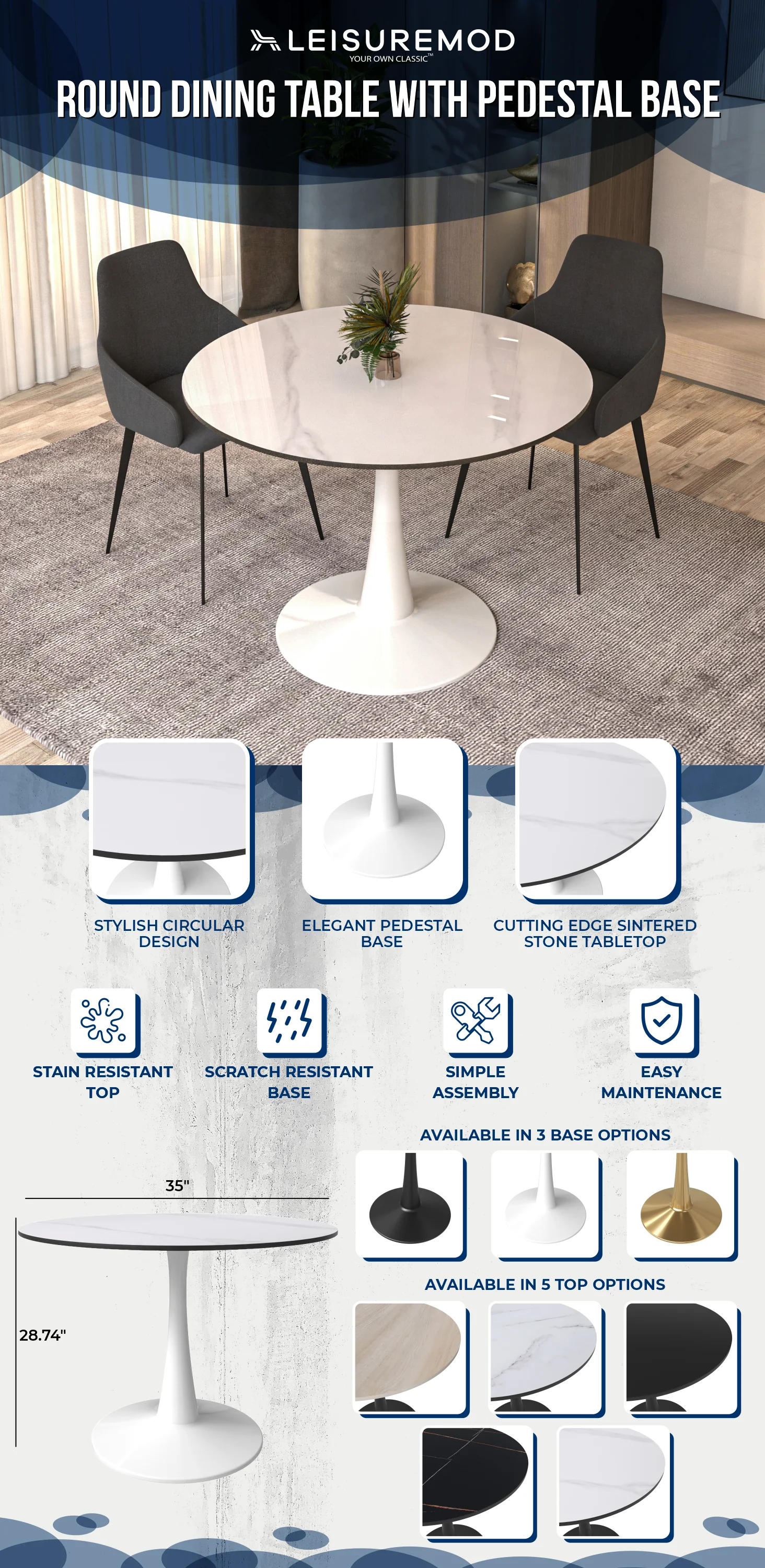 Bristol 40" round dining table White base with White Sintered stone Top