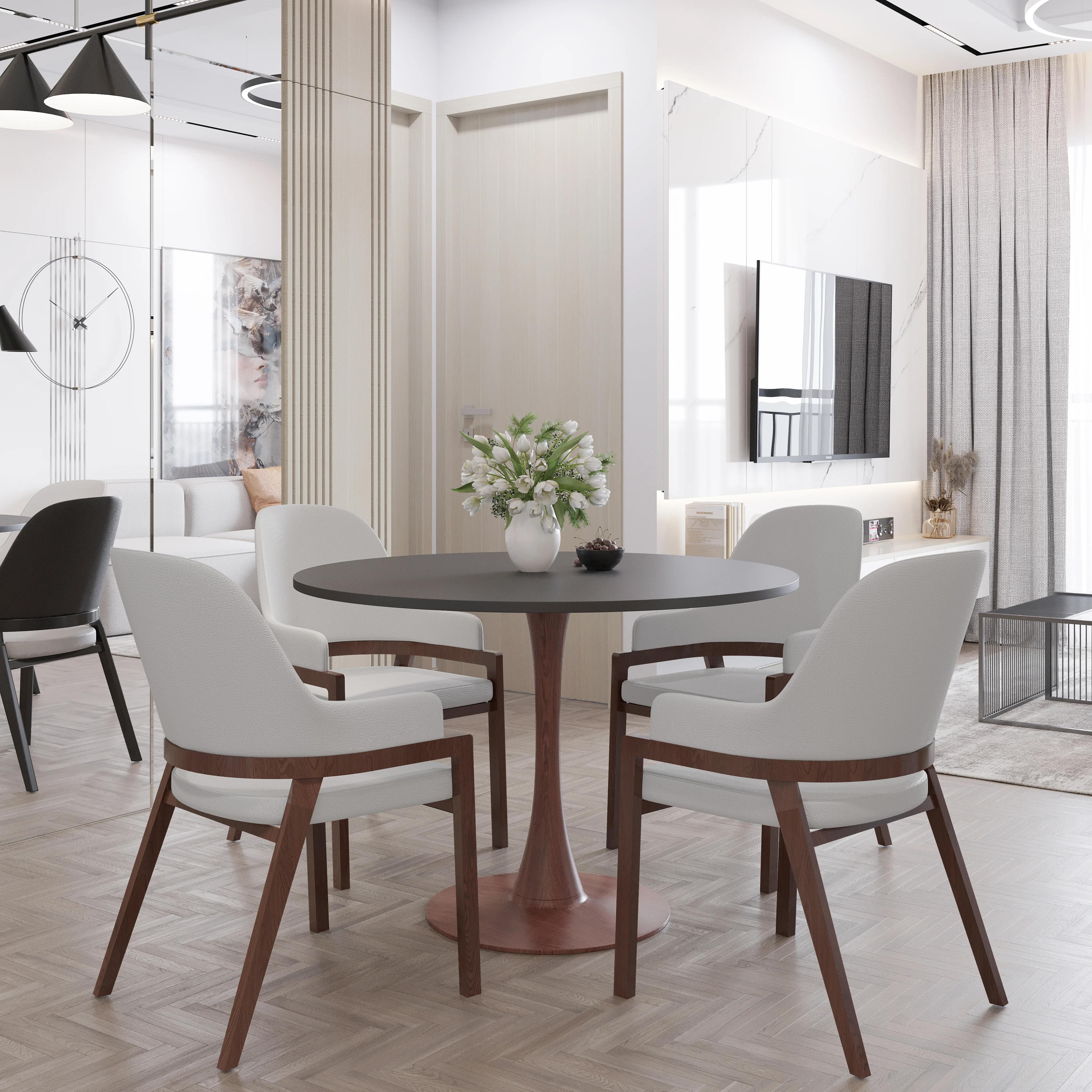 Bristol 35" Round Dining Table Wood Transfer Walnut Base with MDF Black Top