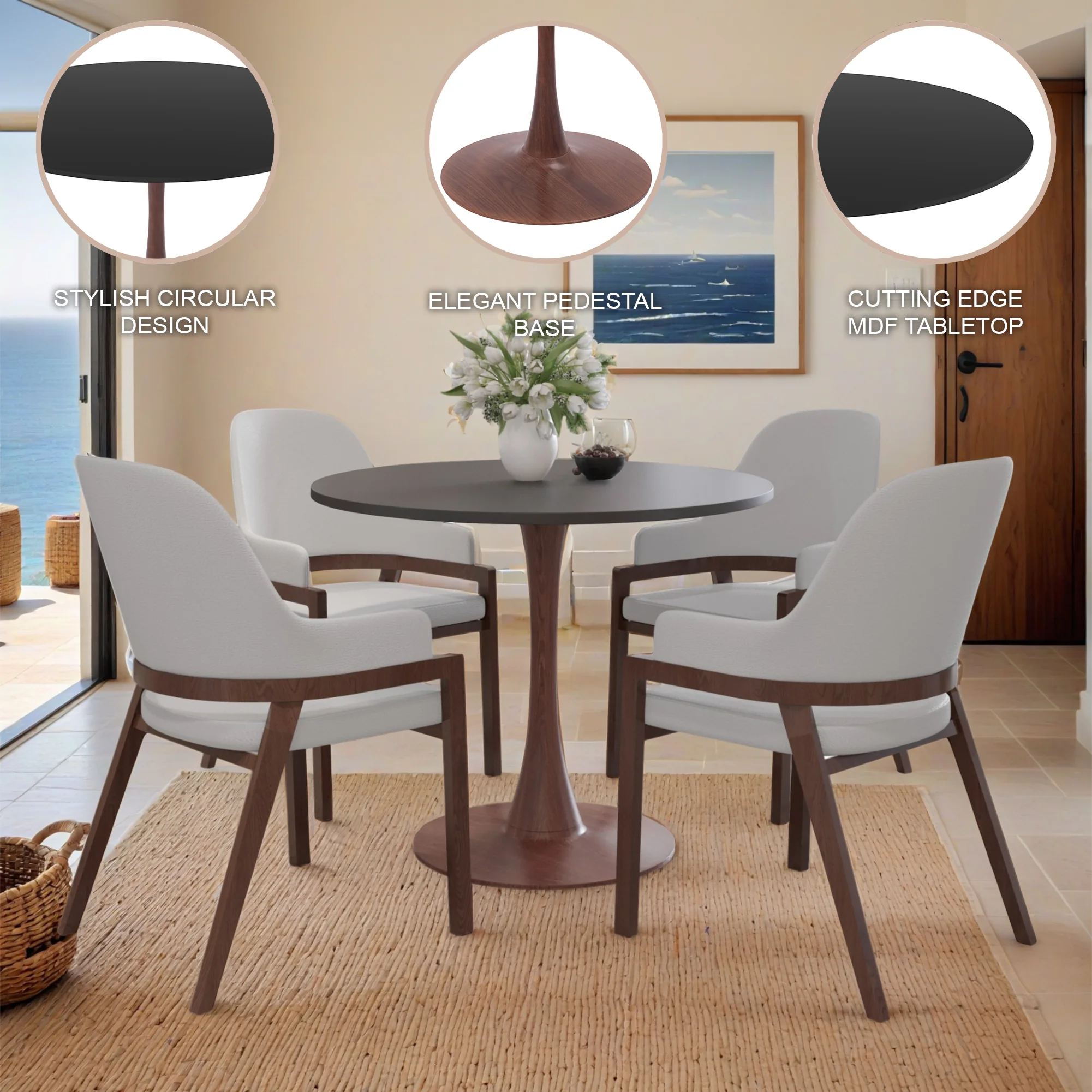 Bristol 35" Round Dining Table Wood Transfer Walnut Base with MDF Black Top