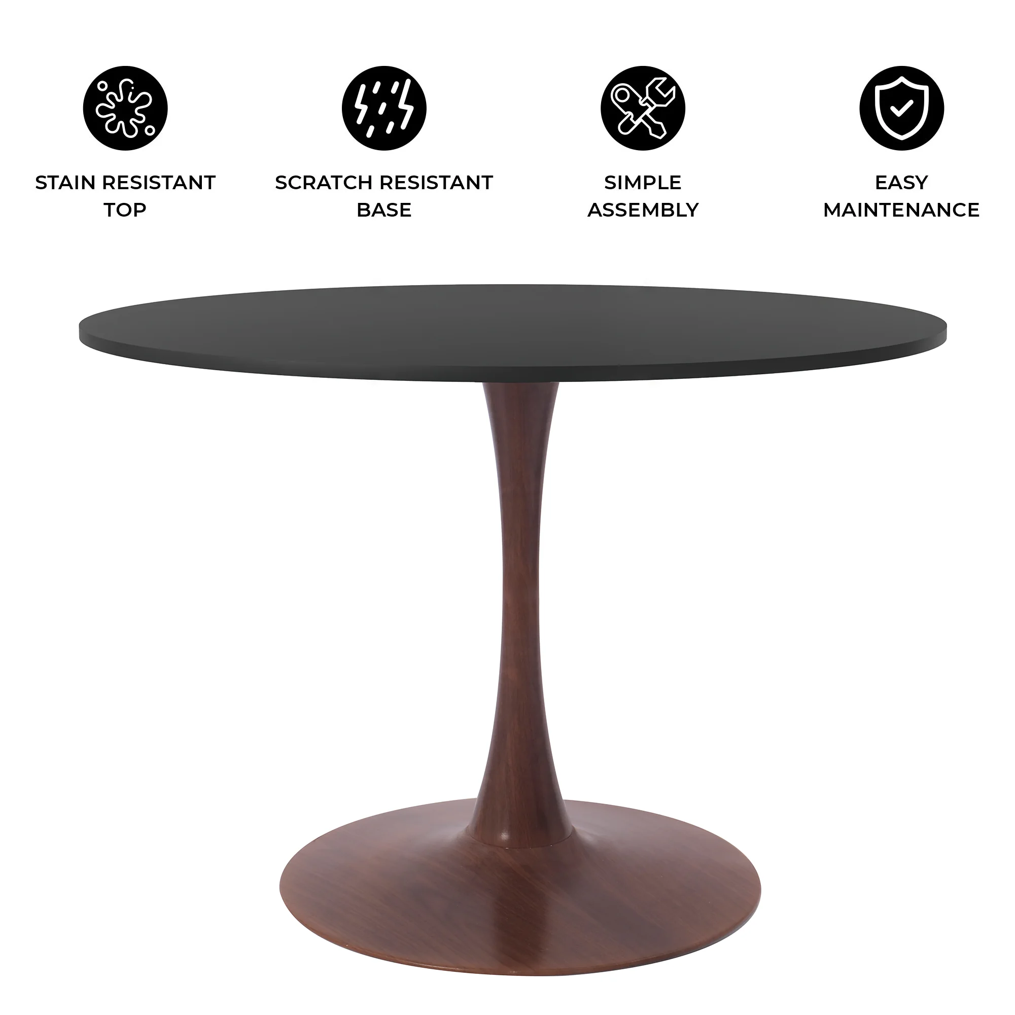 Bristol 35" Round Dining Table Wood Transfer Walnut Base with MDF Black Top
