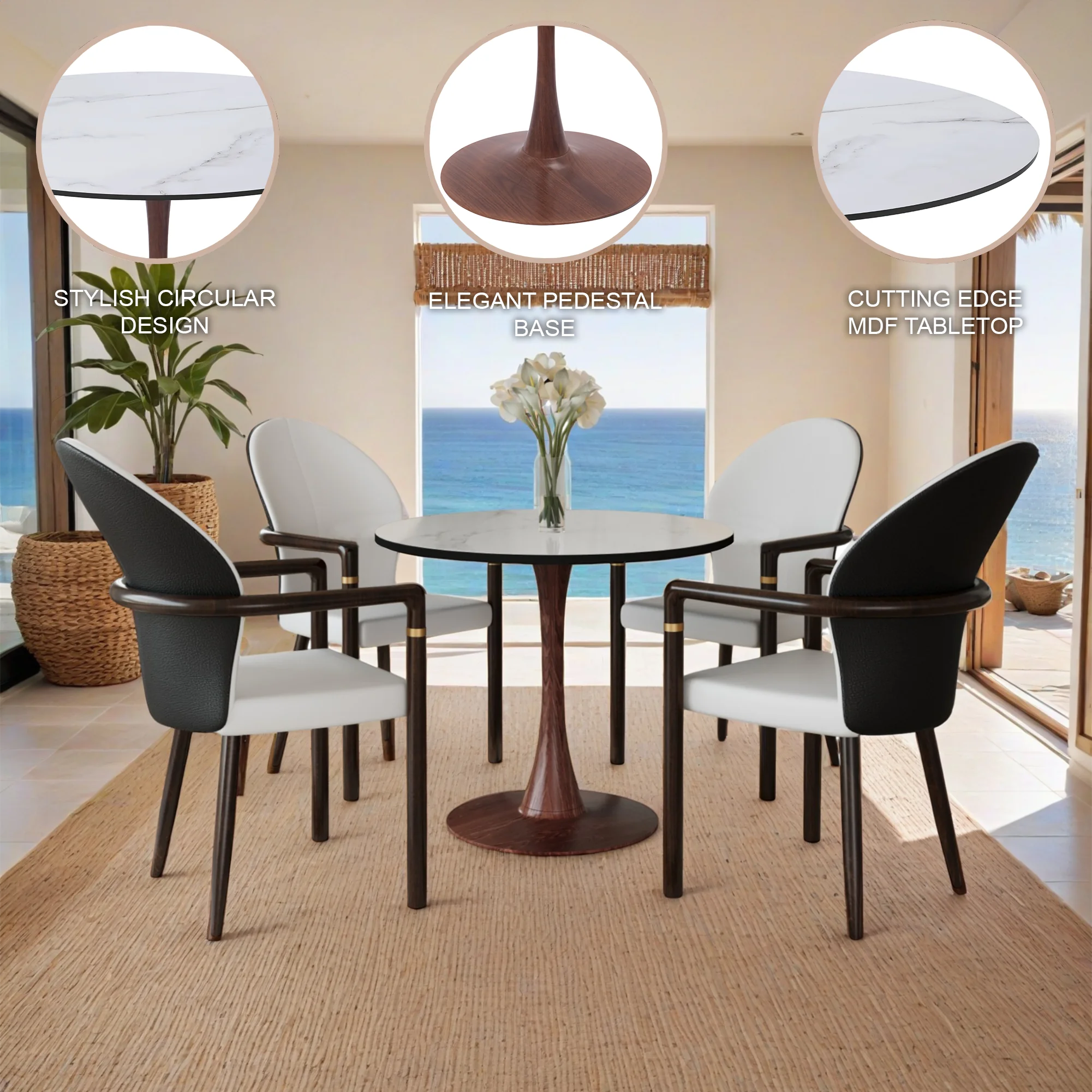 Bristol 35" Round Dining Table Wood Transfer Walnut Base with MDF Marbled White Top