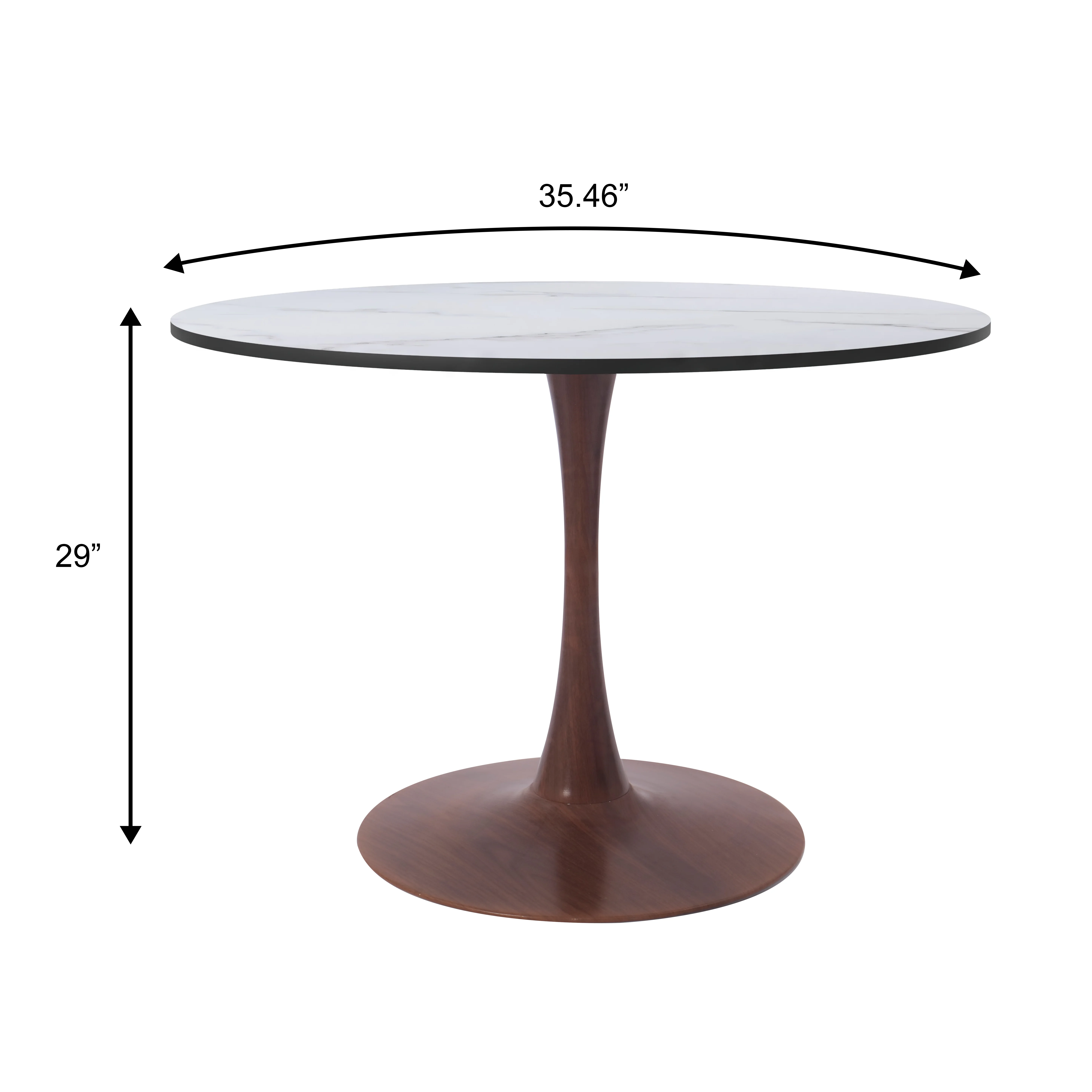 Bristol 35" Round Dining Table Wood Transfer Walnut Base with MDF Marbled White Top