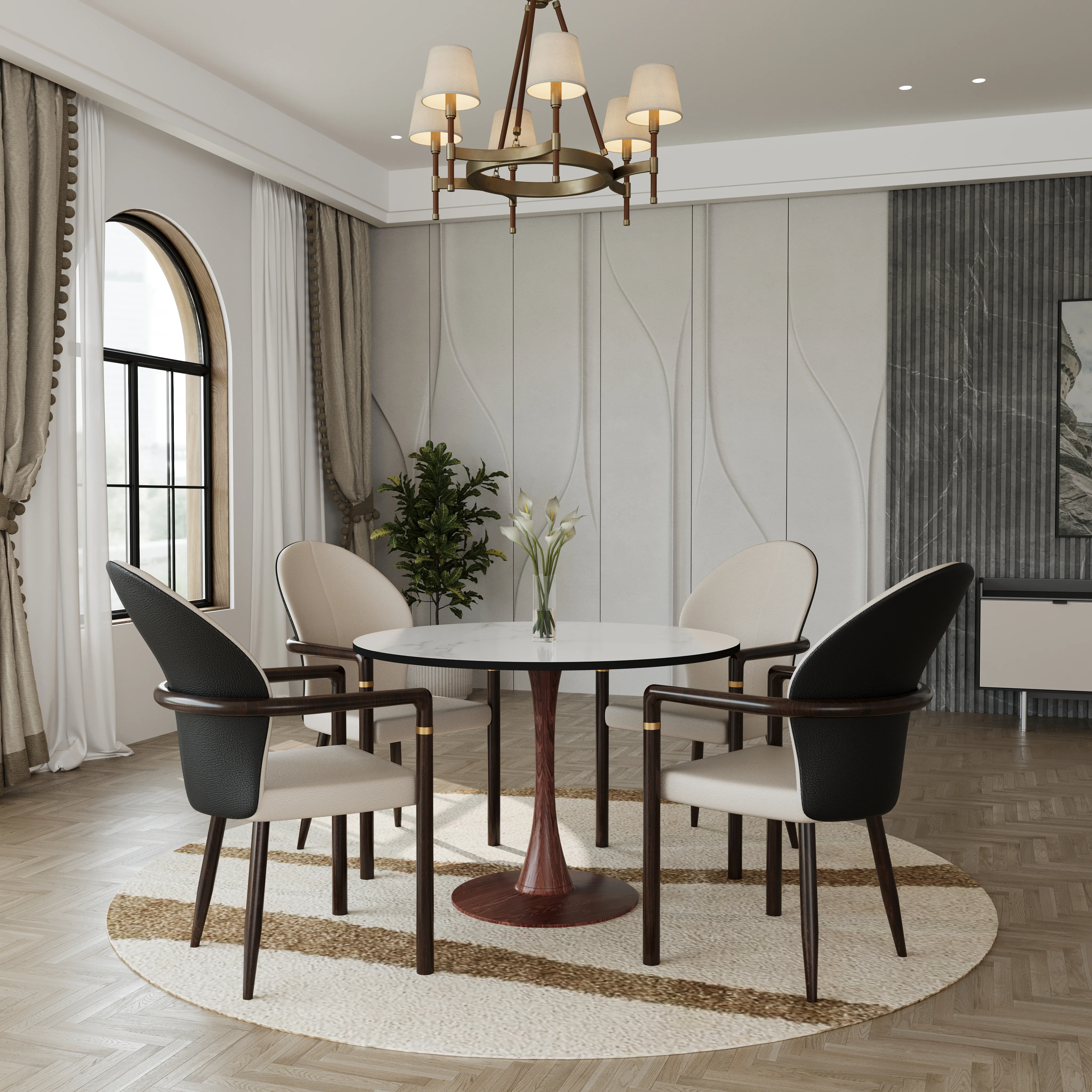 Bristol 35" Round Dining Table Wood Transfer Walnut Base with MDF Marbled White Top