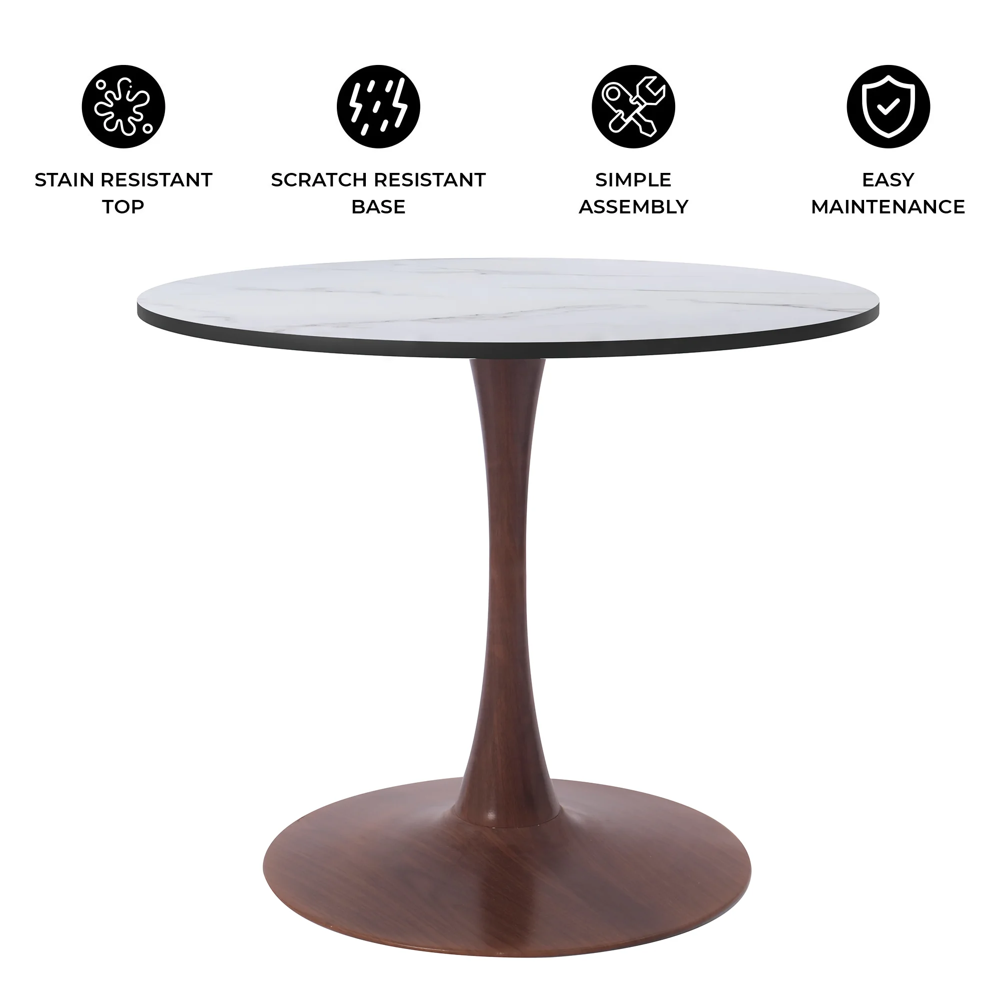 Bristol 35" Round Dining Table Wood Transfer Walnut Base with MDF Marbled White Top