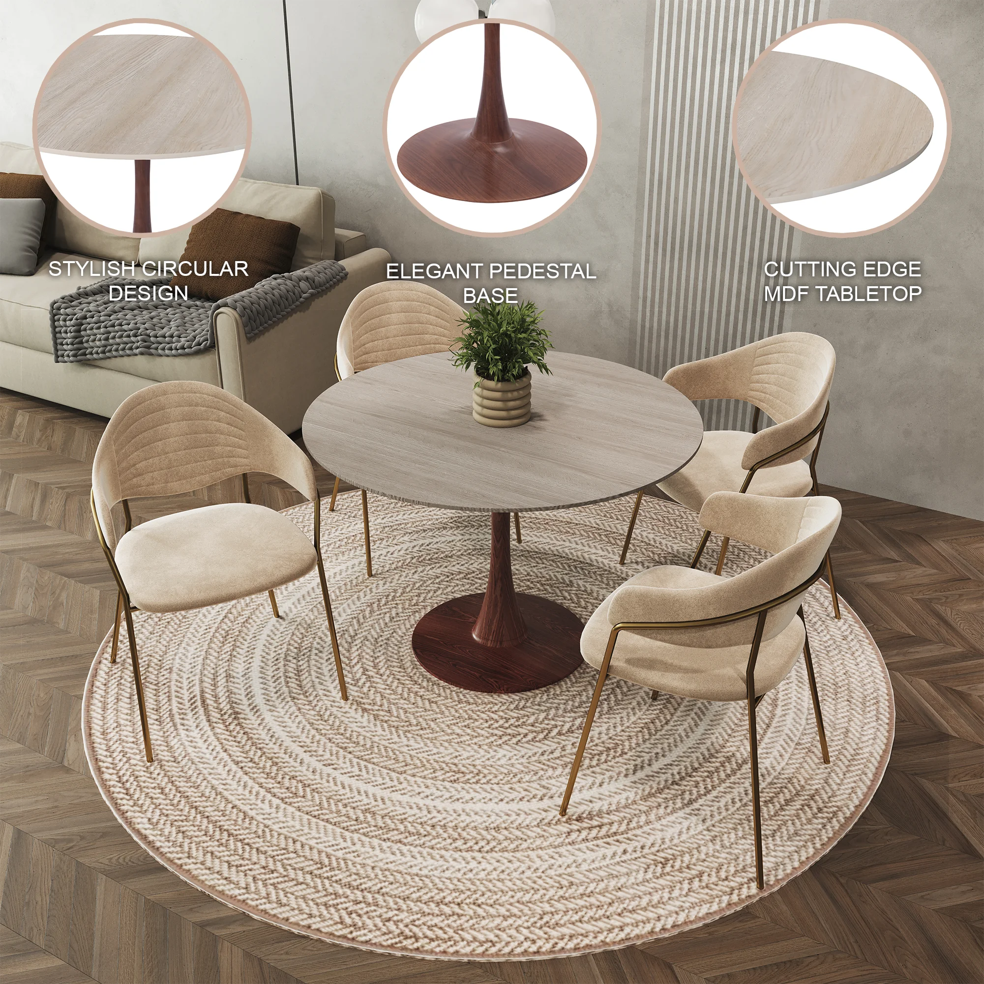 Bristol 35" Round Dining Table Wood Transfer Walnut Base with MDF Natural Wood Top