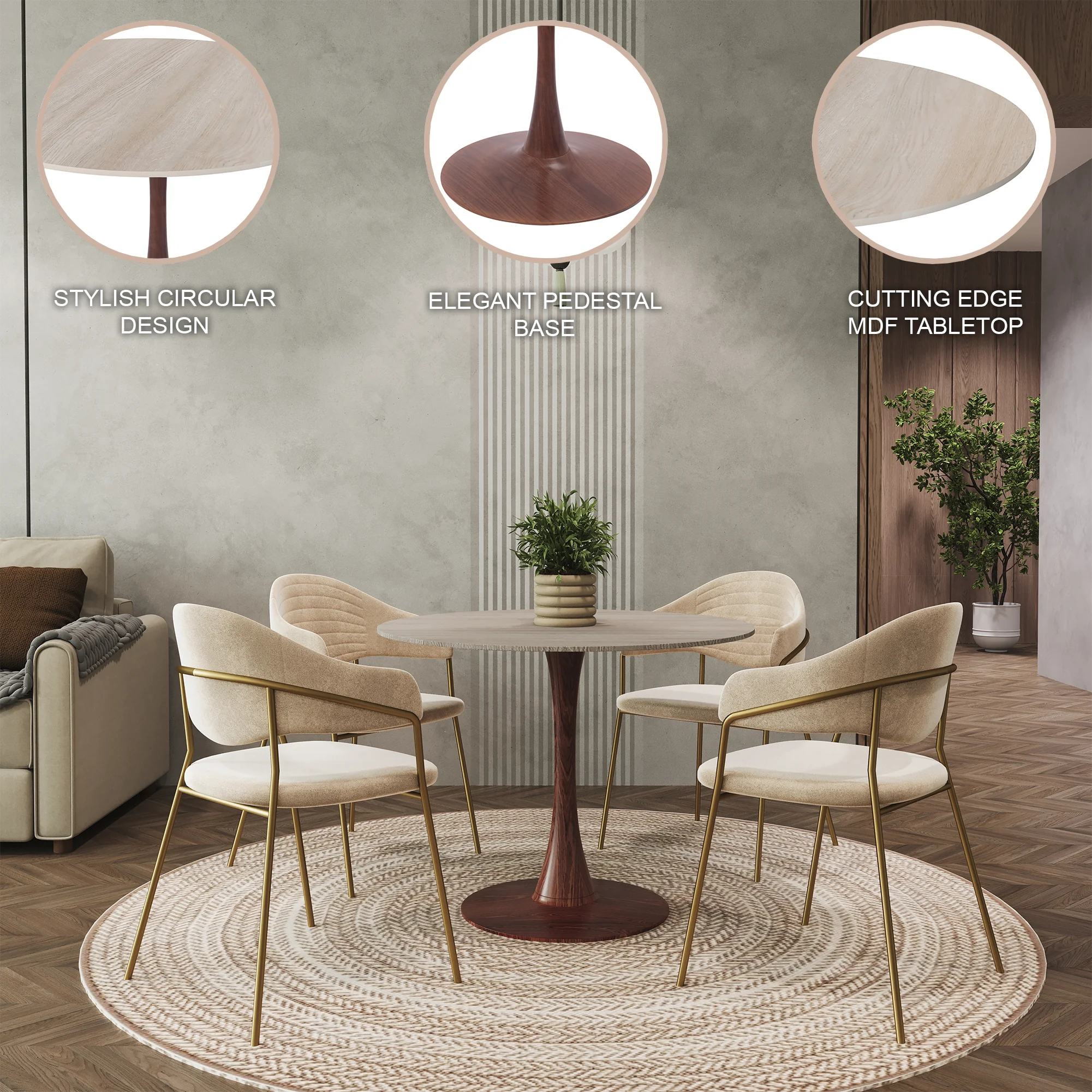 Bristol 35" Round Dining Table Wood Transfer Walnut Base with MDF Natural Wood Top