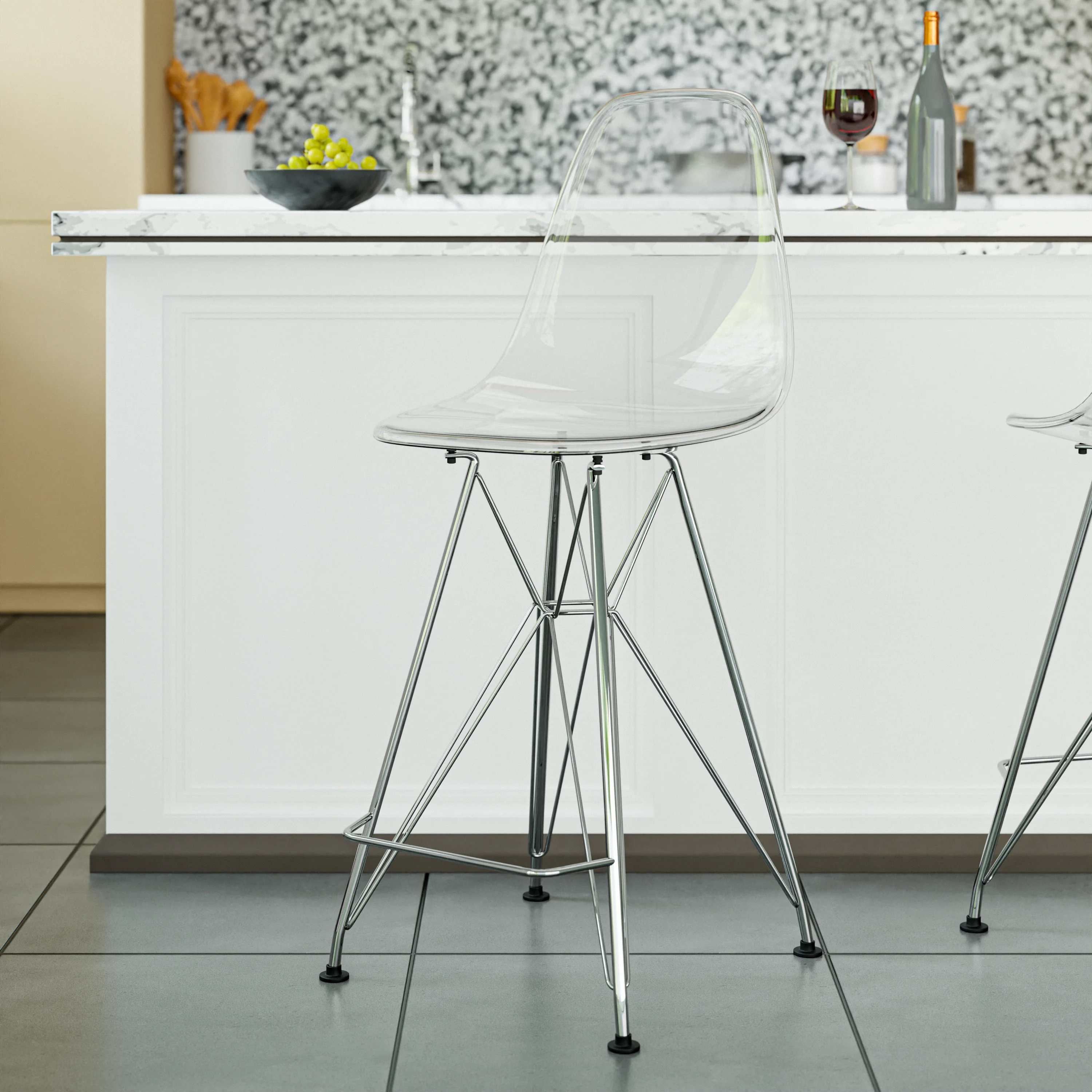 Cresco Modern Acrylic Barstool with Chrome Base and Footrest in Clear