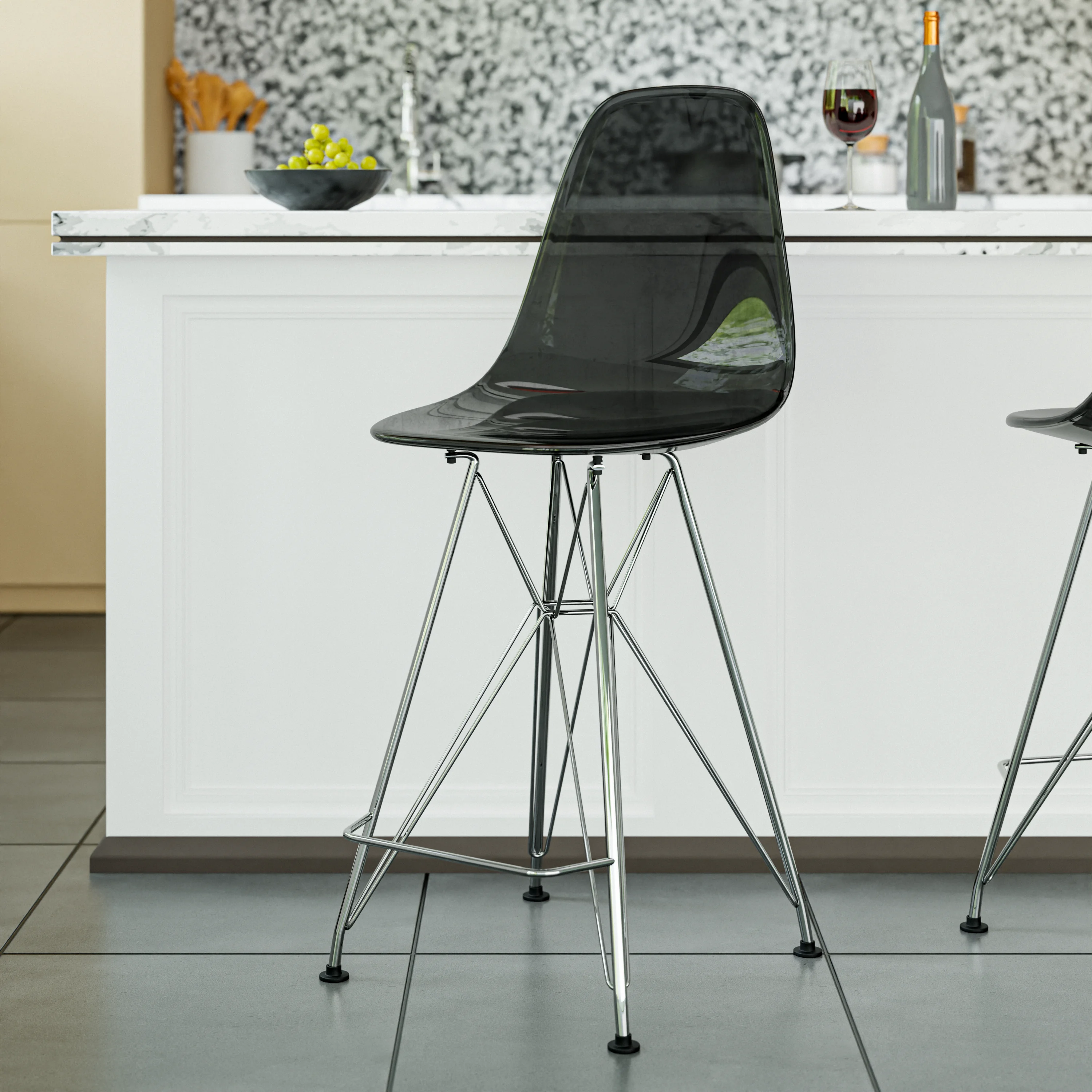 Cresco Modern Acrylic Barstool with Chrome Base and Footrest in Transparent Black