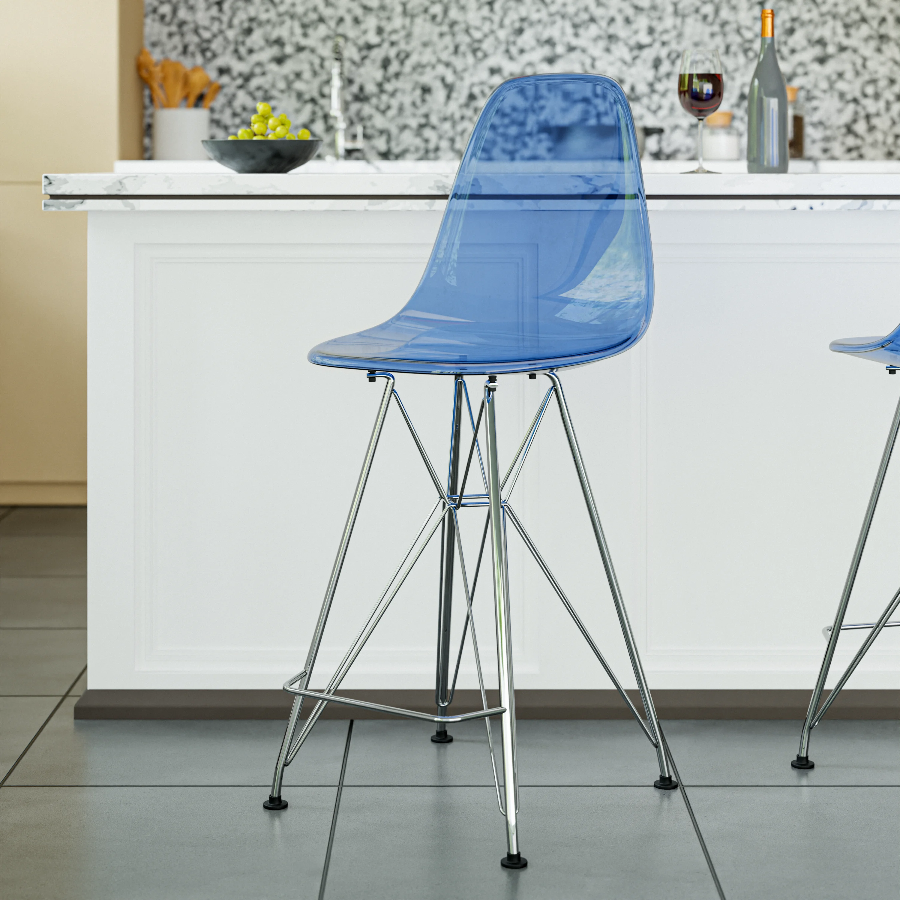 Cresco Modern Acrylic Barstool with Chrome Base and Footrest in Transparent Blue