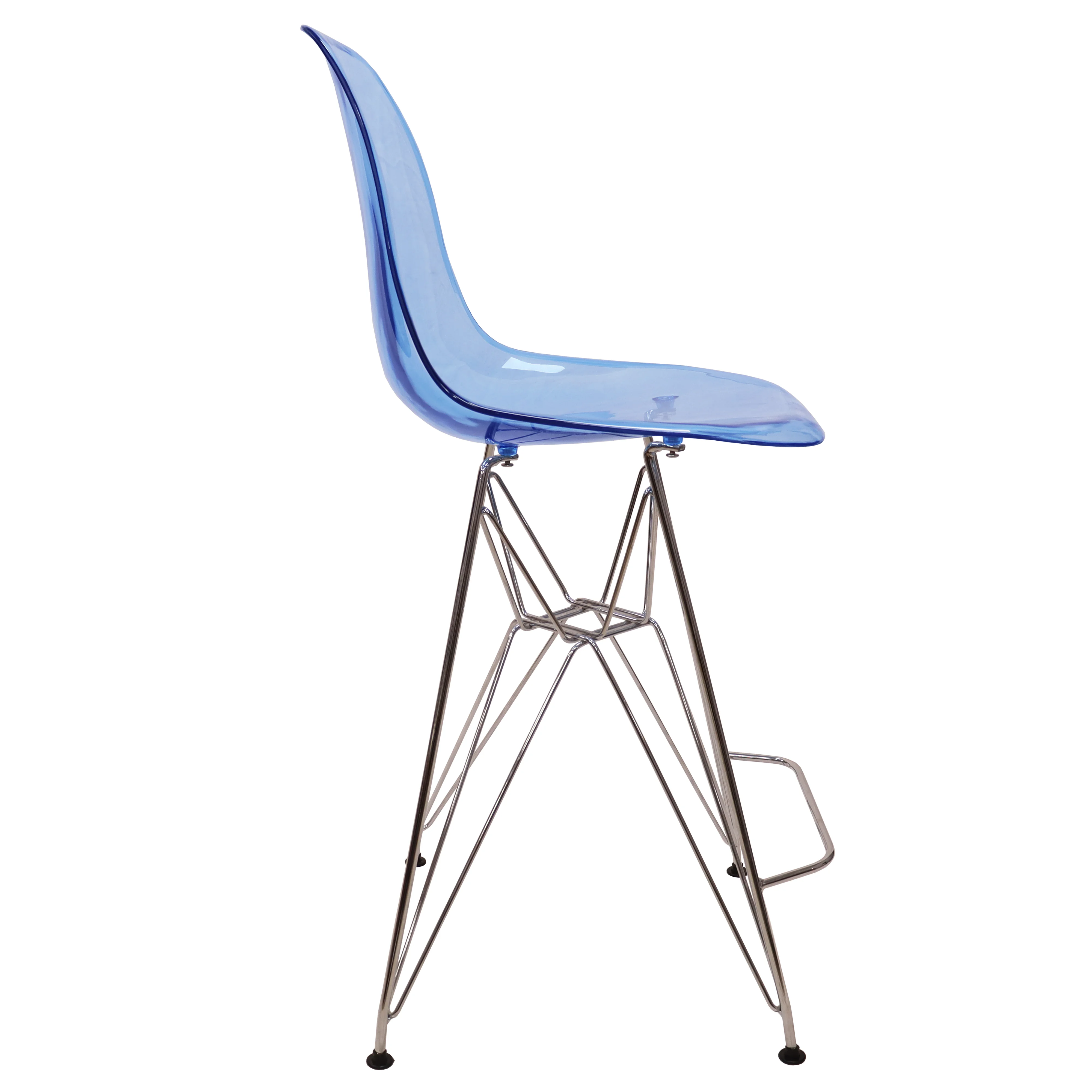Cresco Modern Acrylic Barstool with Chrome Base and Footrest in Transparent Blue