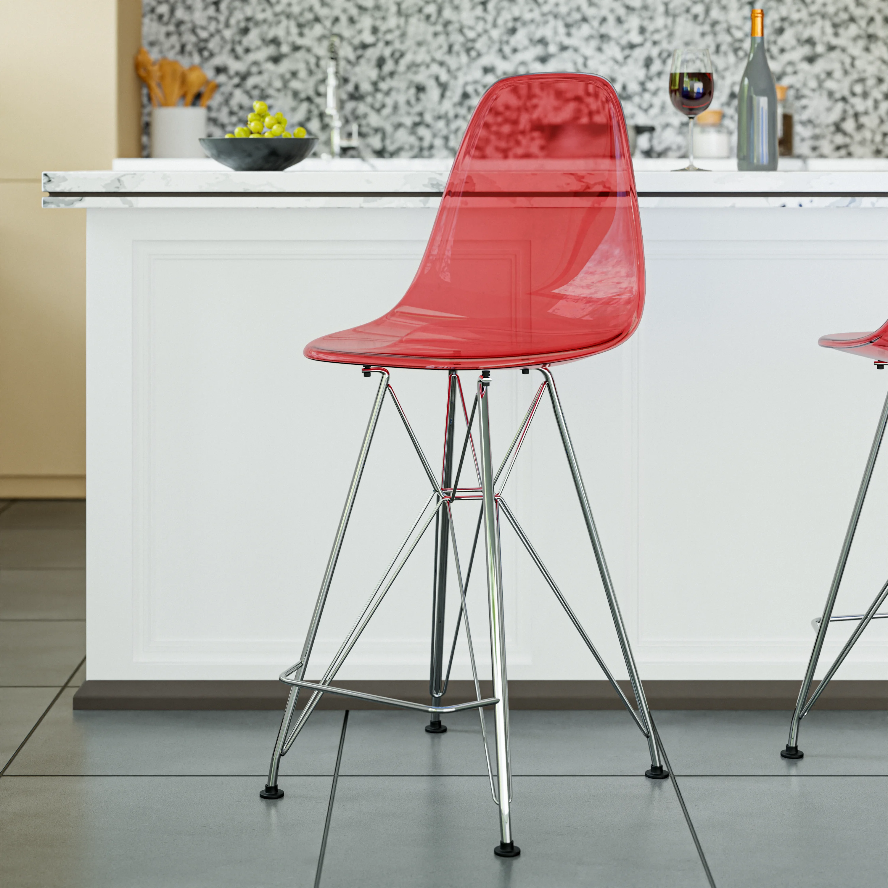 Cresco Modern Acrylic Barstool with Chrome Base and Footrest in Transparent Red