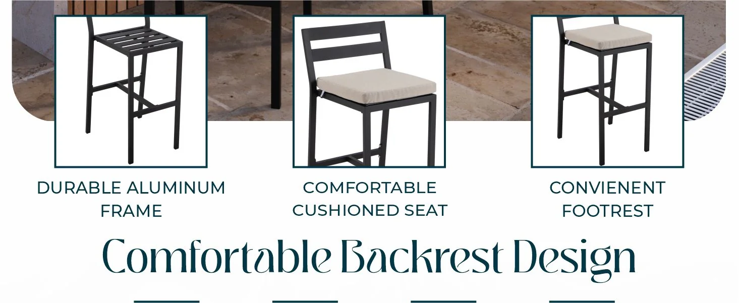 Chelsea Collection Modern Aluminum Outdoor Bar Chair in black with Beige Cushions