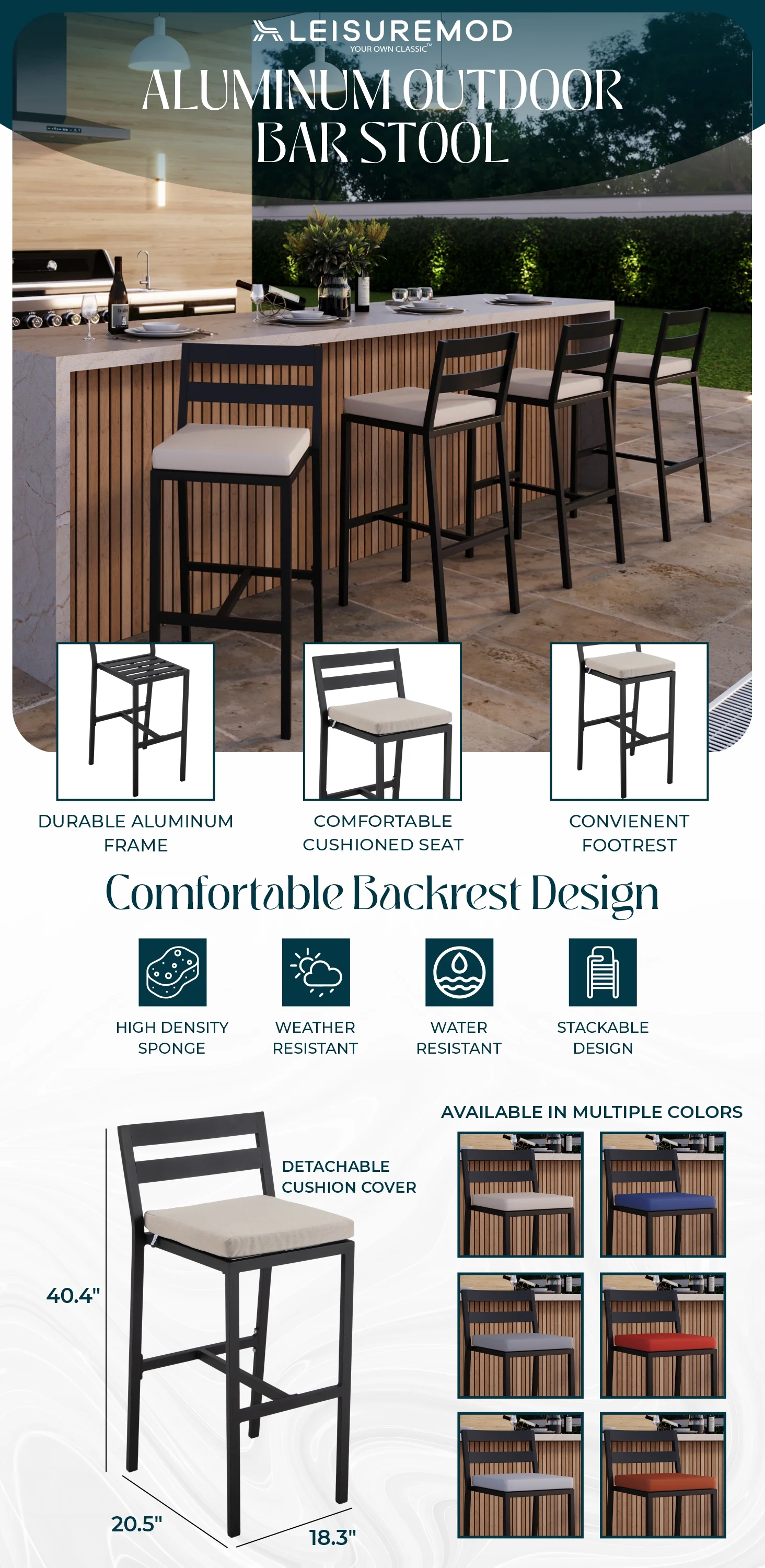 Chelsea Collection Modern Aluminum Outdoor Bar Chair in black with Beige Cushions - Set of 2