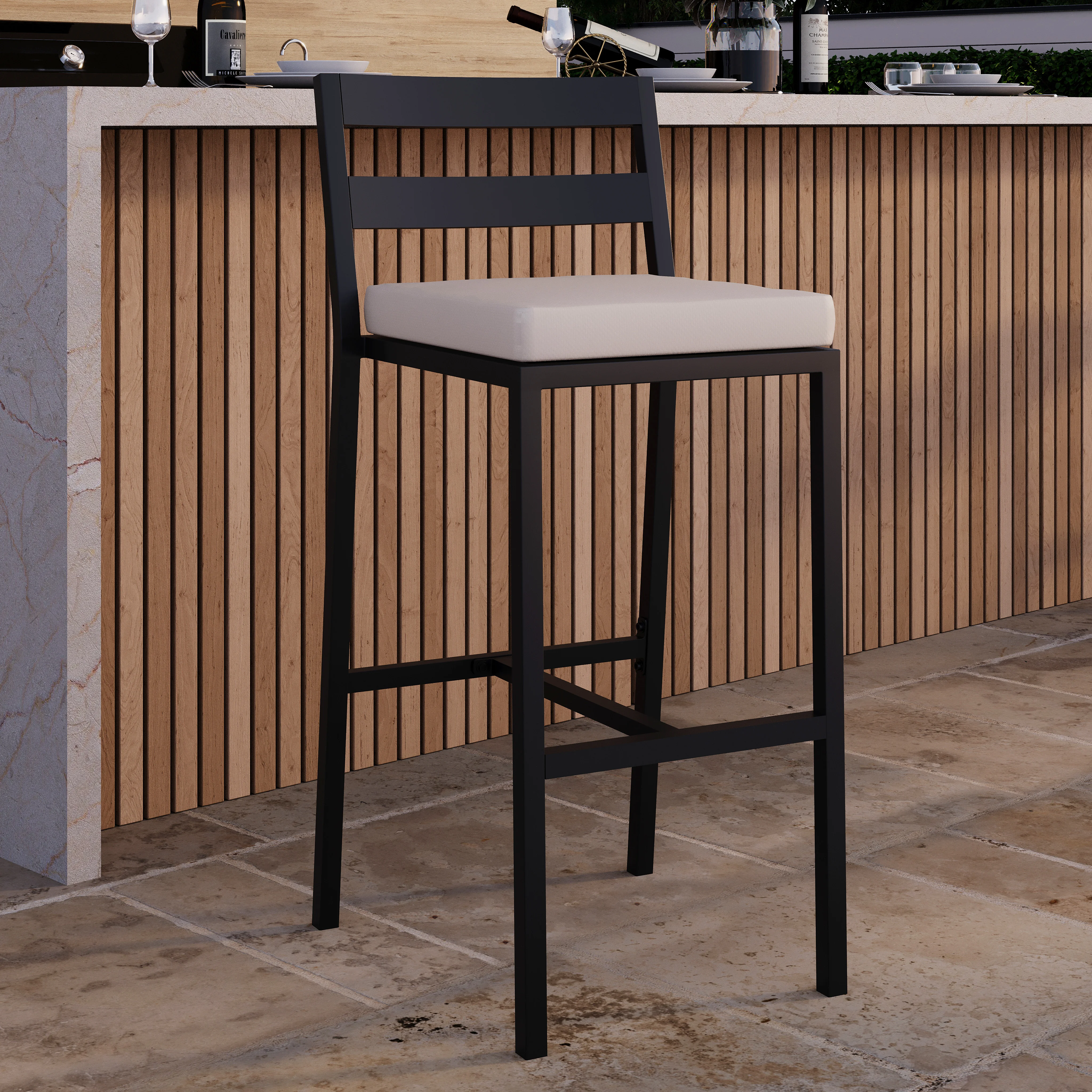 Chelsea Collection Modern Aluminum Outdoor Bar Chair in black with Beige Cushions - Set of 2