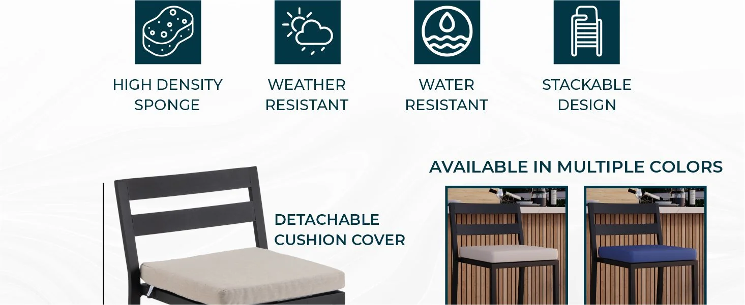 Chelsea Collection Modern Aluminum Outdoor Bar Chair in black with Beige Cushions - Set of 4