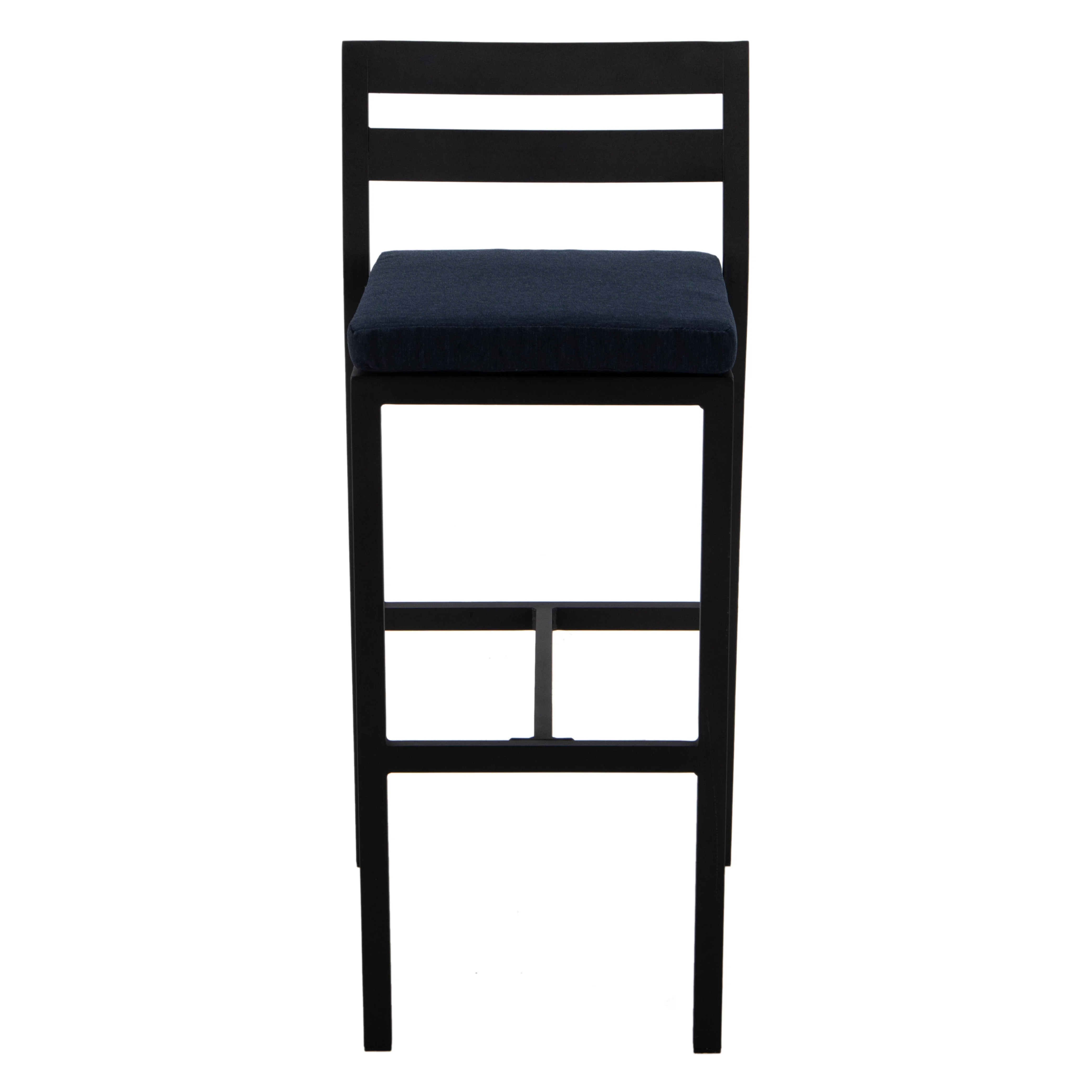 Chelsea Collection Modern Aluminum Outdoor Bar Chair in black with Blue Cushions