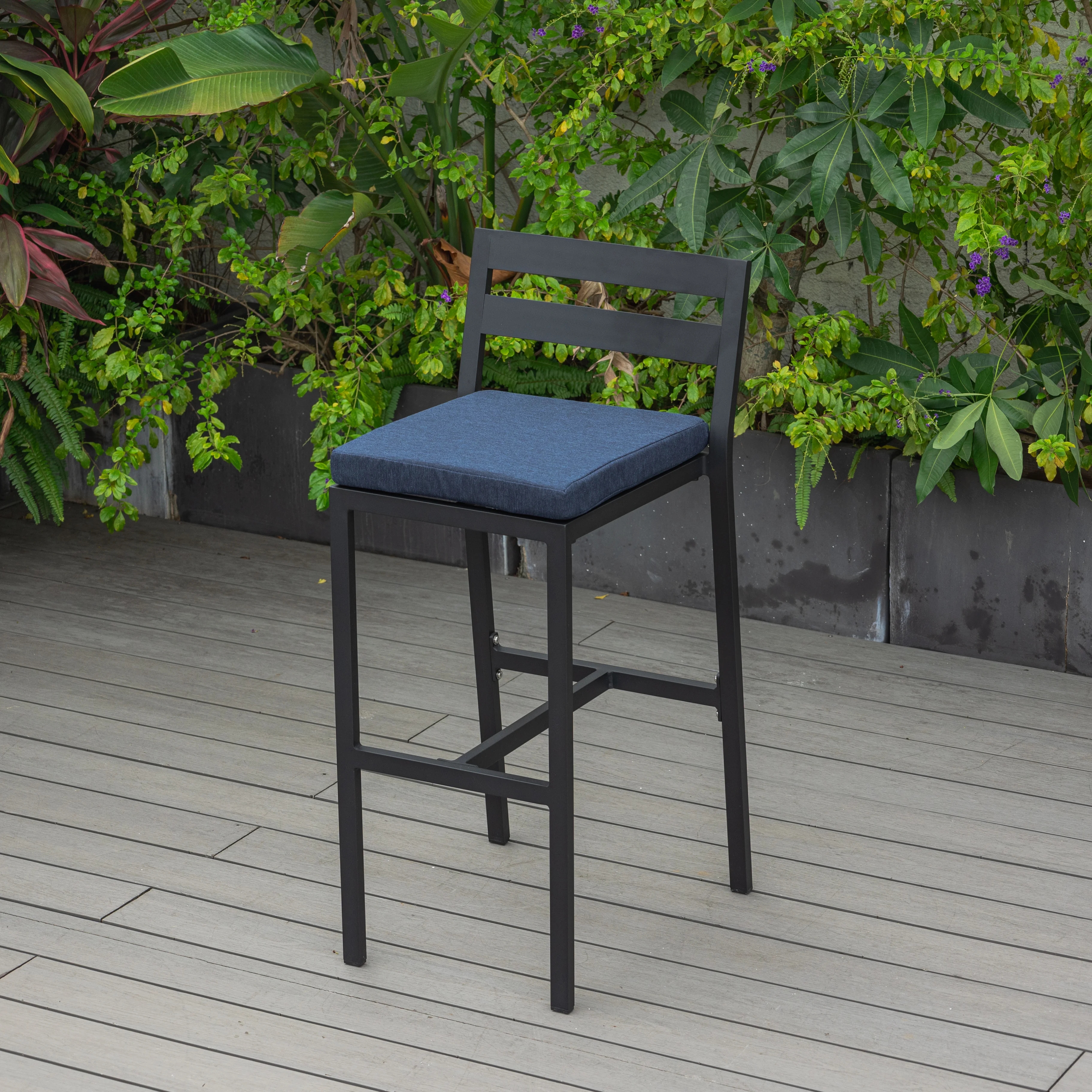 Chelsea Collection Modern Aluminum Outdoor Bar Chair in black with Blue Cushions