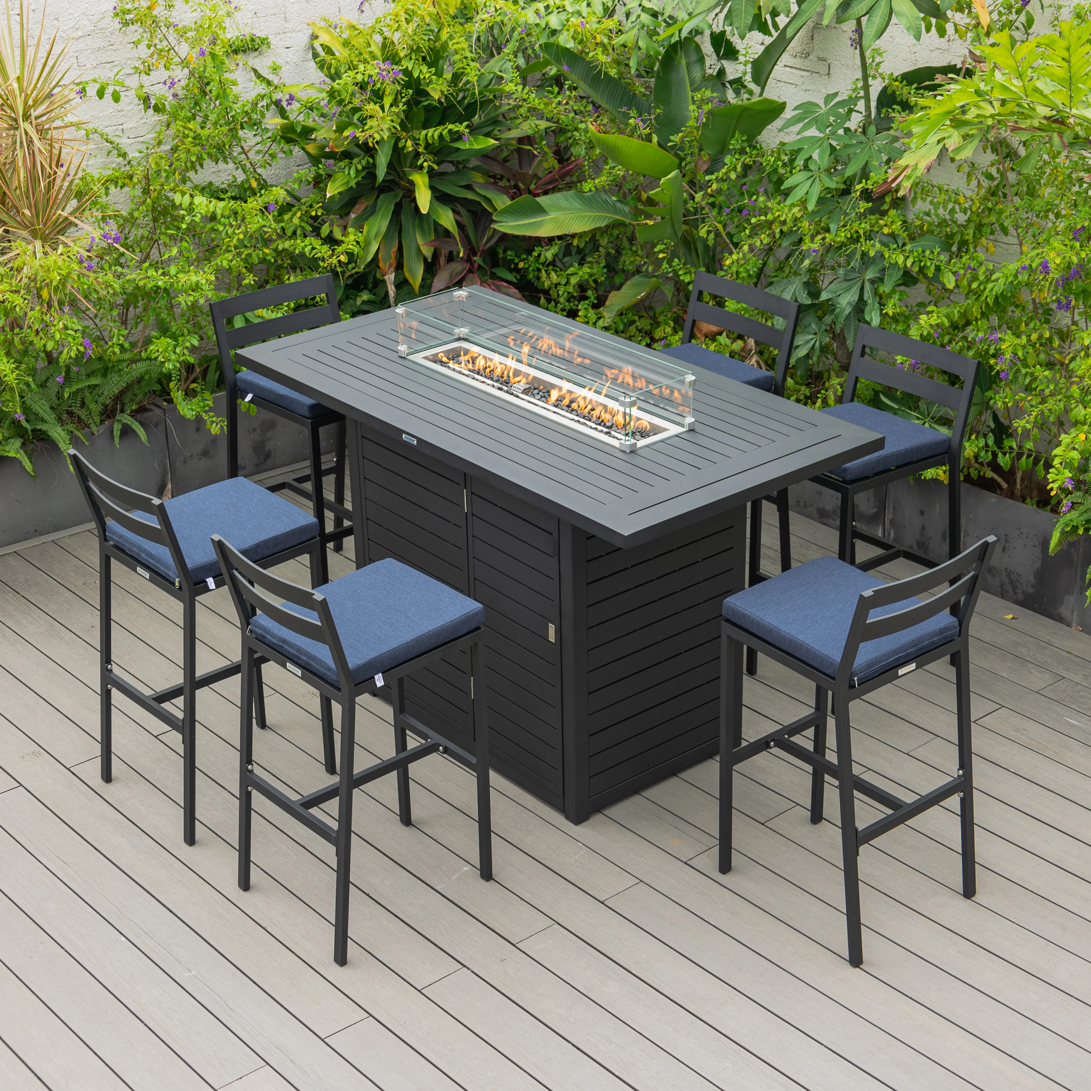 Chelsea Collection Modern Aluminum Outdoor Bar Chair in black with Blue Cushions