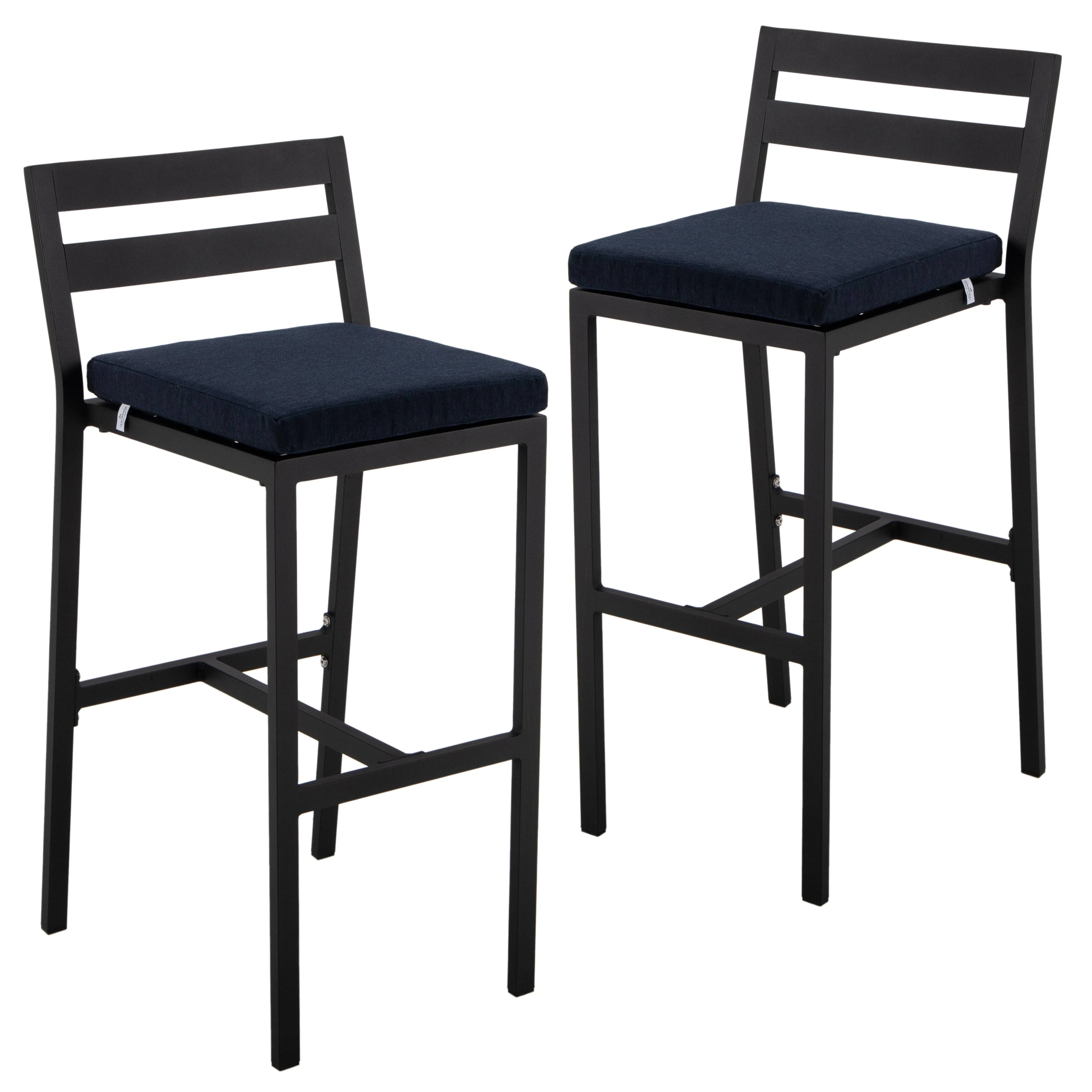 Chelsea Collection Modern Aluminum Outdoor Bar Chair in black with Blue Cushions - Set of 2