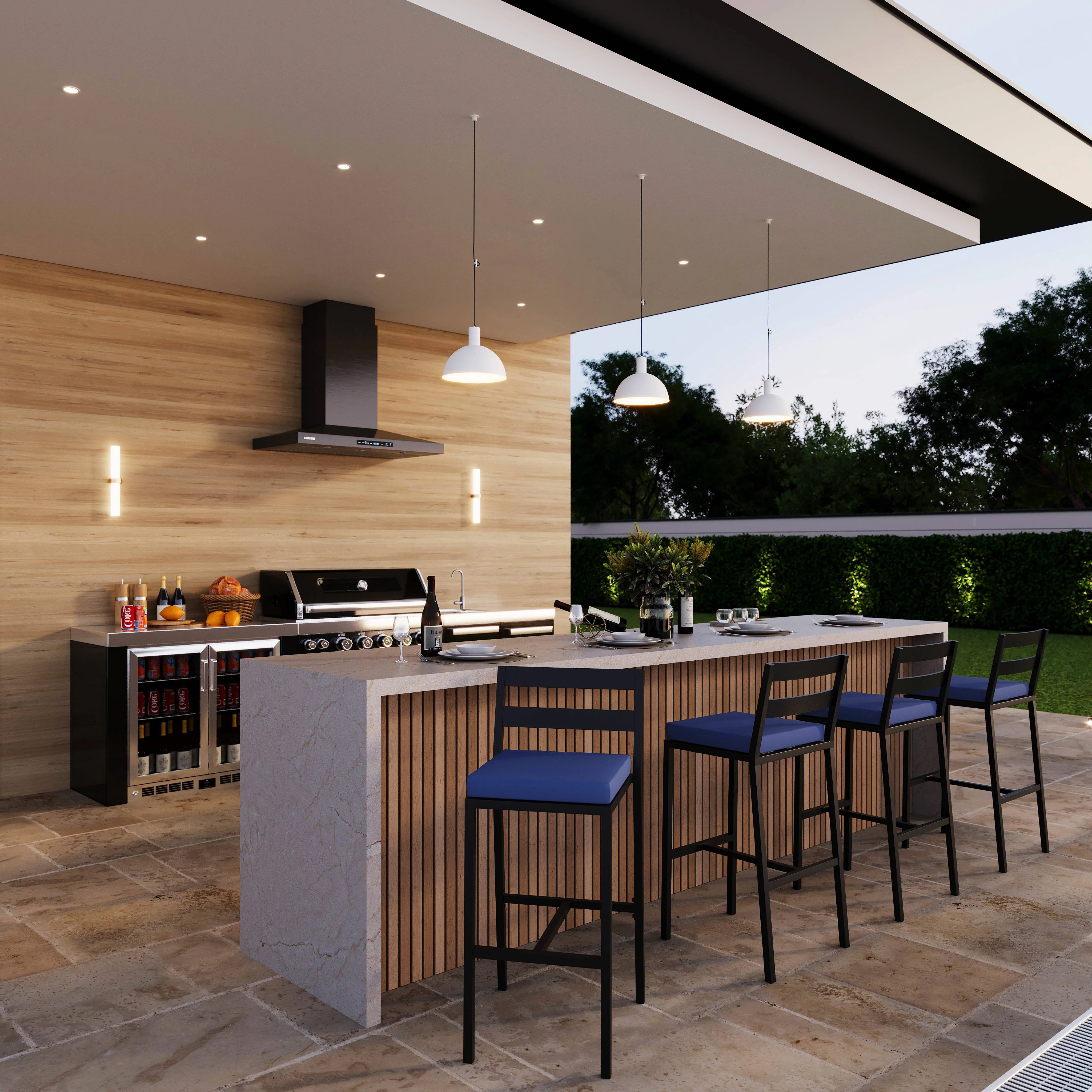 Chelsea Collection Modern Aluminum Outdoor Bar Chair in black with Blue Cushions - Set of 4