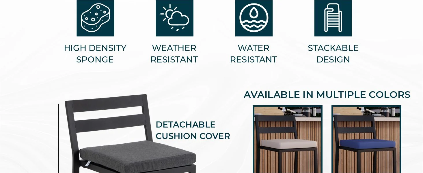 Chelsea Collection Modern Aluminum Outdoor Bar Chair in black with Charcoal Cushions