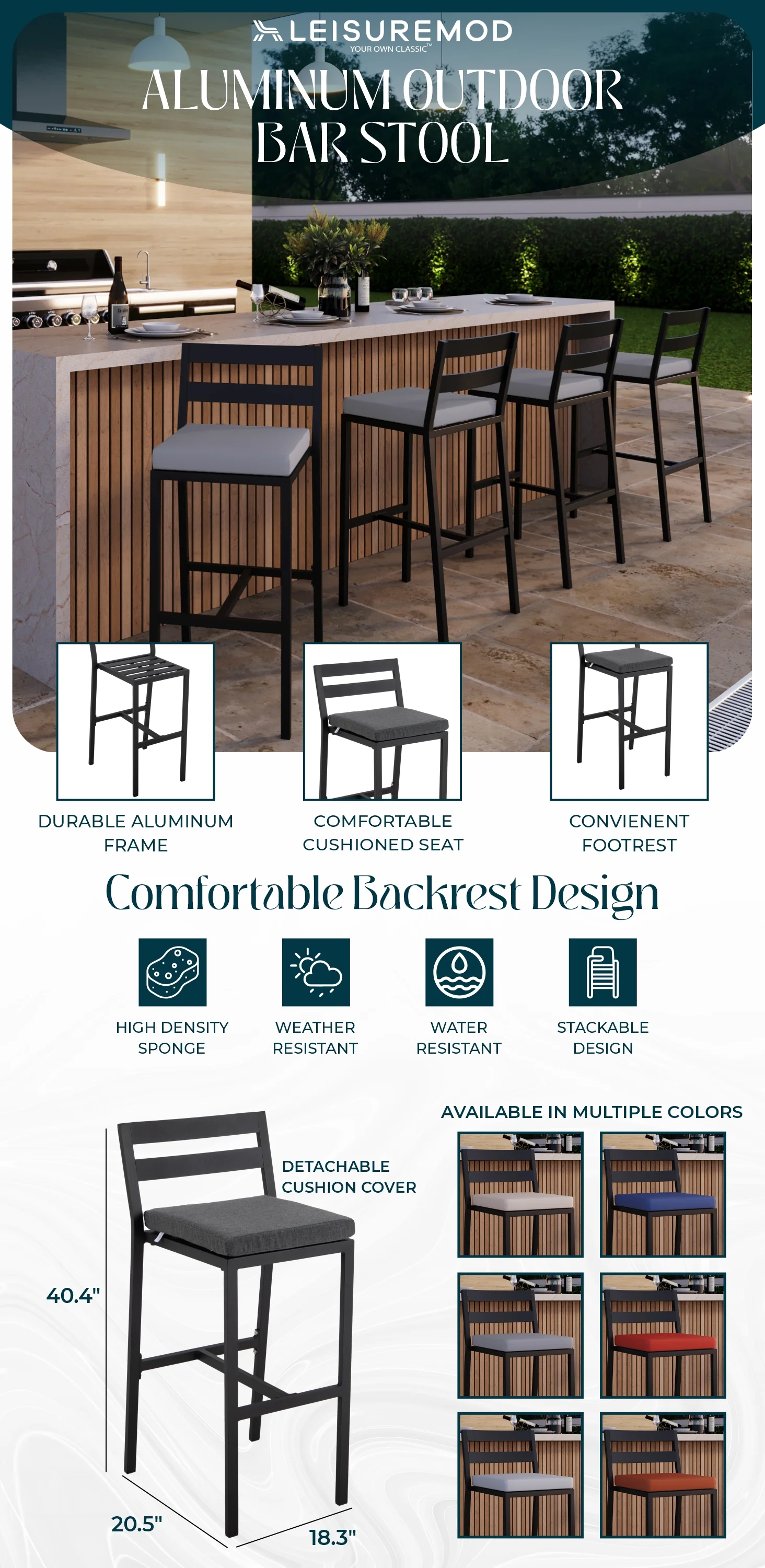 Chelsea Collection Modern Aluminum Outdoor Bar Chair in black with Charcoal Cushions