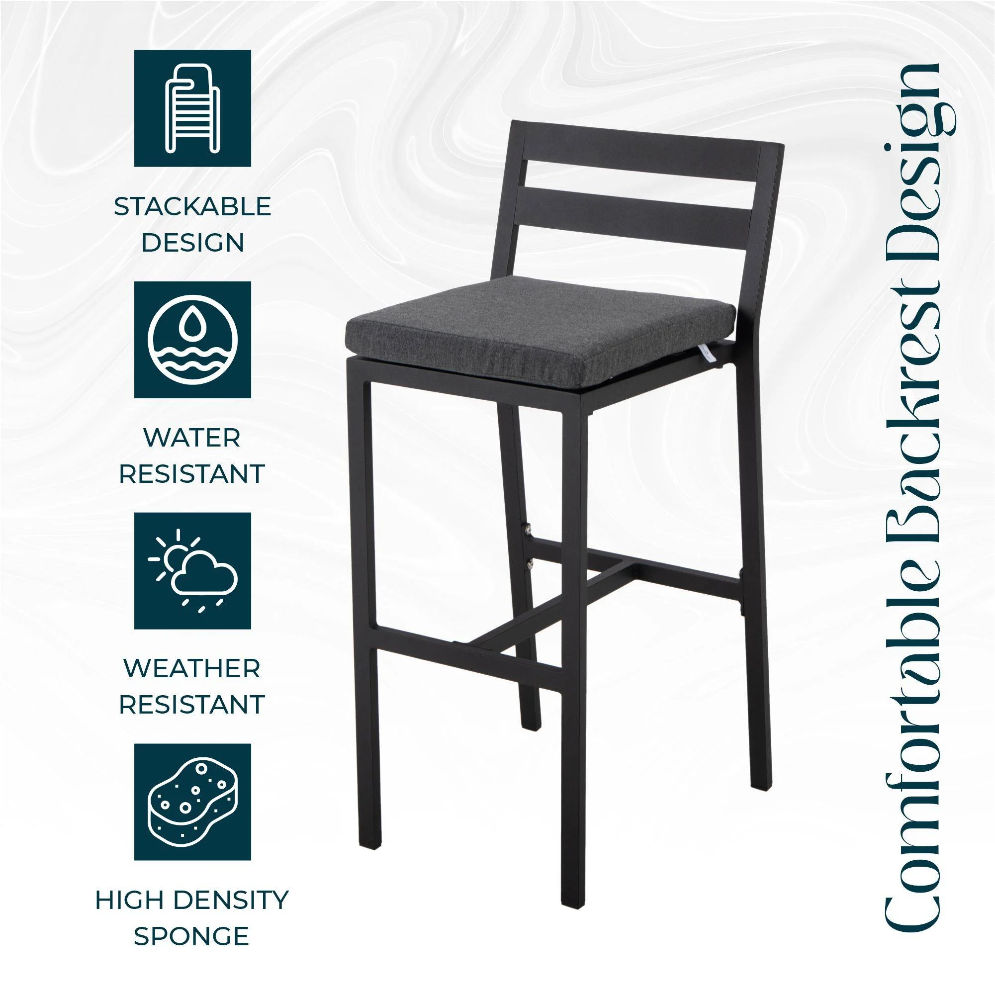 Chelsea Collection Modern Aluminum Outdoor Bar Chair in black with Charocal Cushions - Set of 2