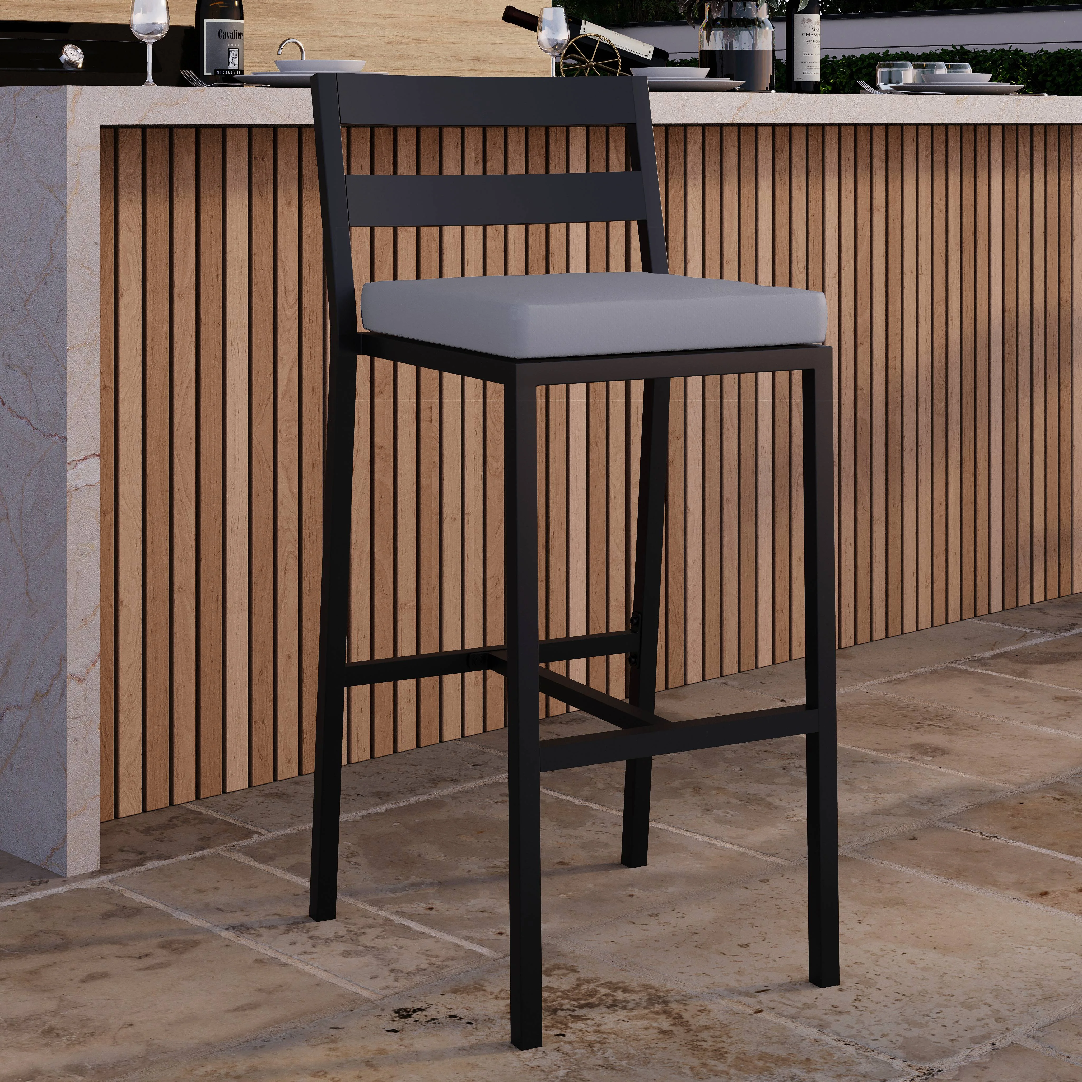 Chelsea Collection Modern Aluminum Outdoor Bar Chair in black with Charocal Cushions - Set of 2