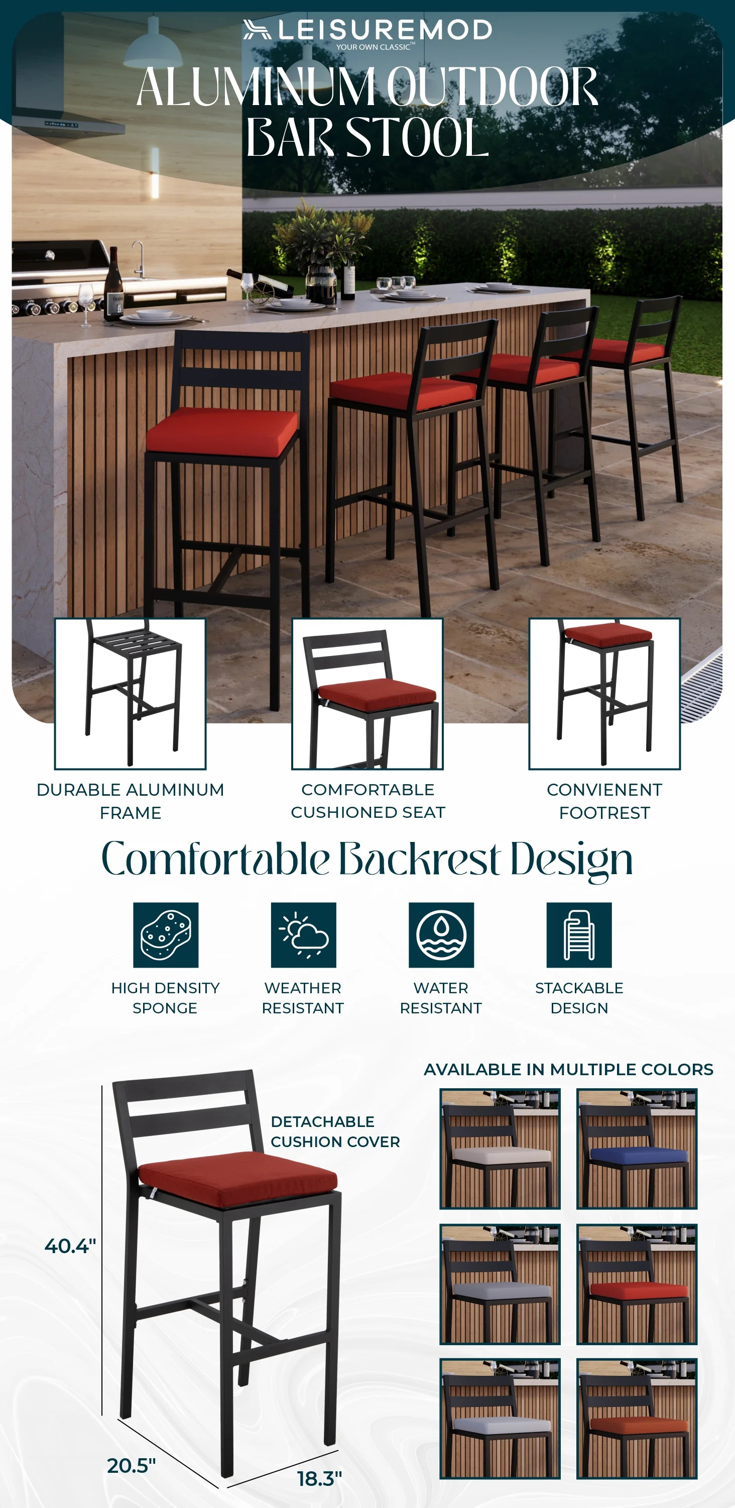Chelsea Collection Modern Aluminum Outdoor Bar Chair in black with Cherry Cushions