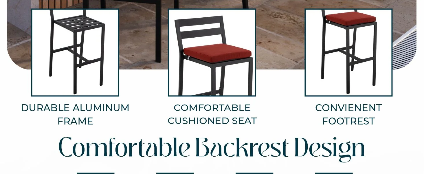 Chelsea Collection Modern Aluminum Outdoor Bar Chair in black with Cherry Cushions