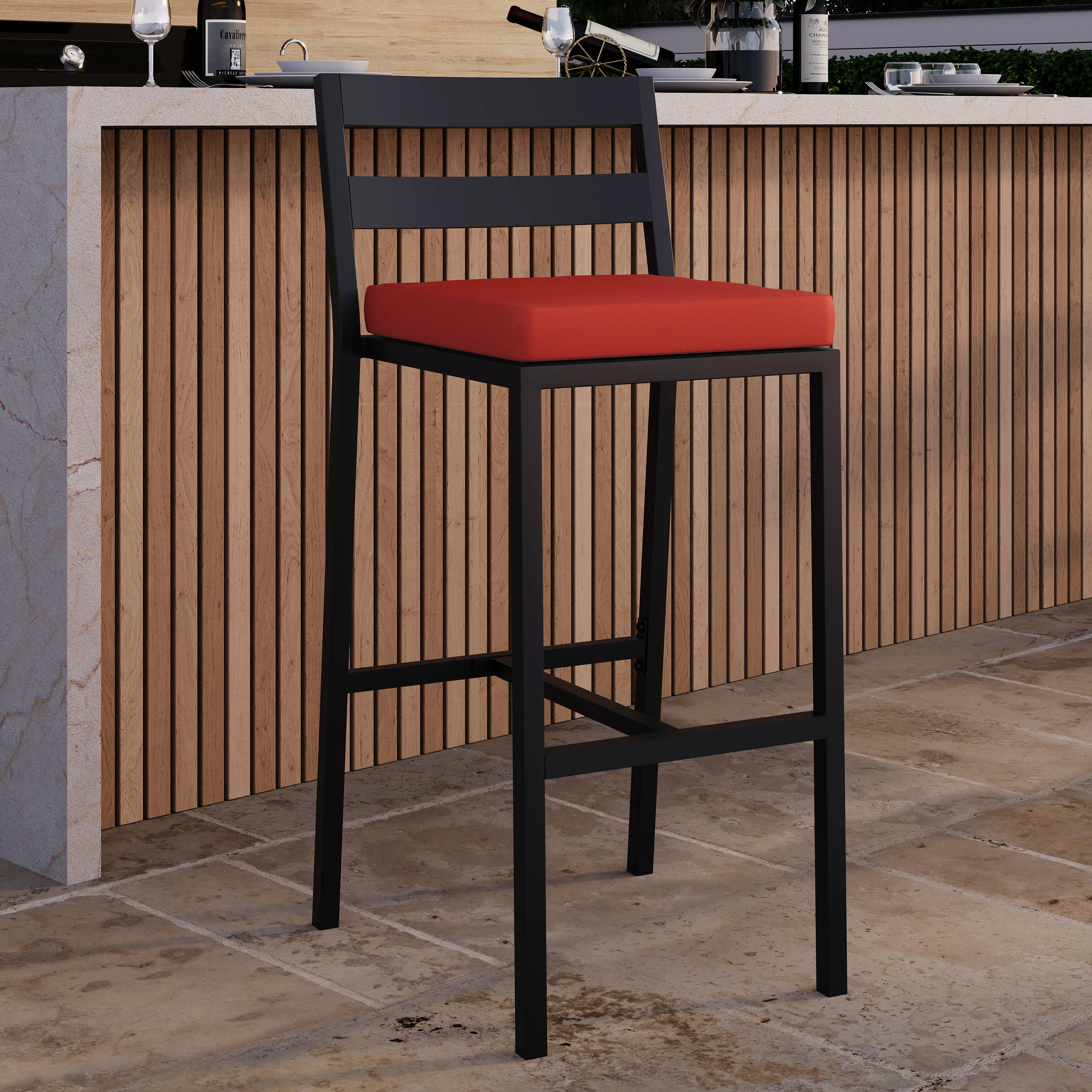 Chelsea Collection Modern Aluminum Outdoor Bar Chair in black with Cherry Cushions - Set of 4