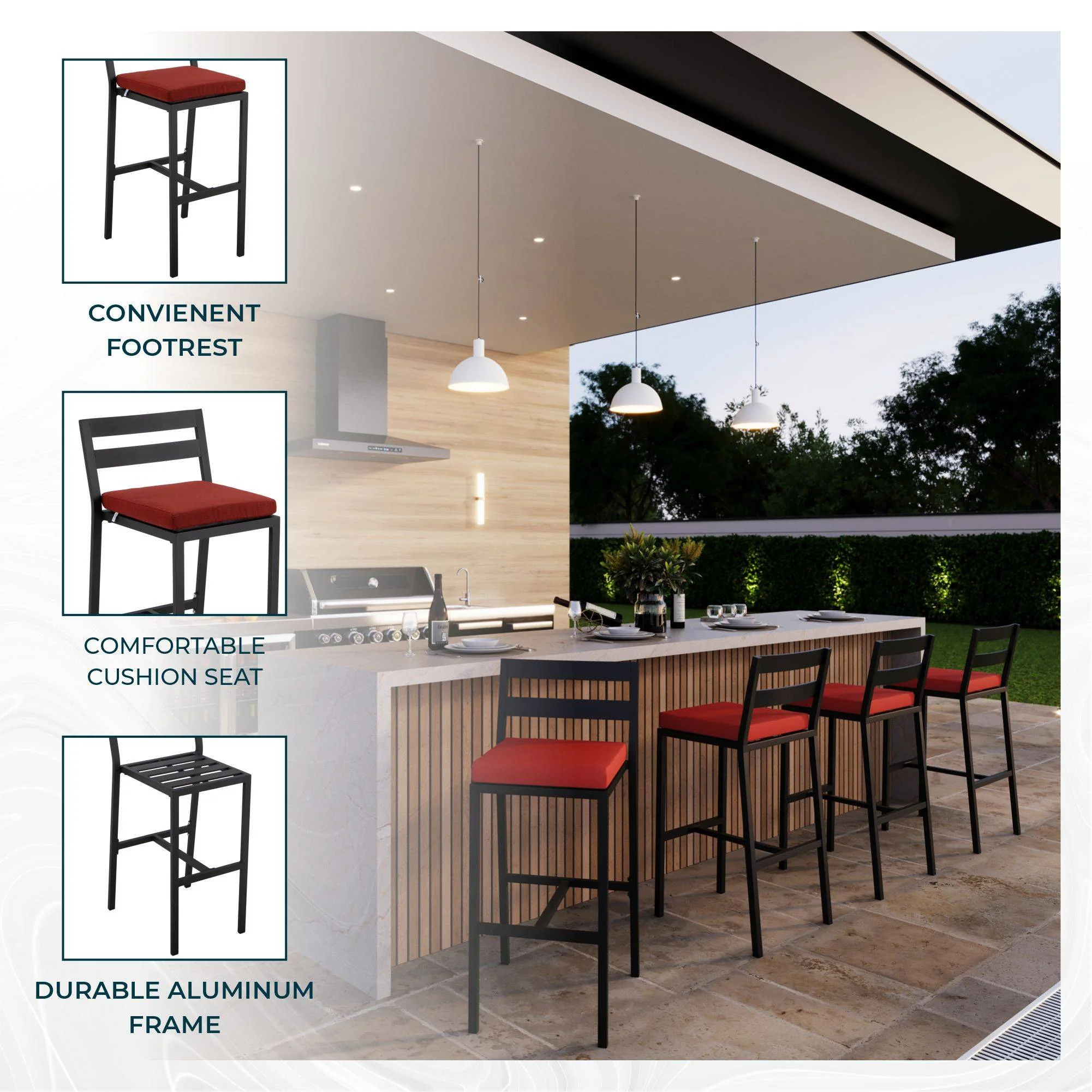 Chelsea Collection Modern Aluminum Outdoor Bar Chair in black with Cherry Cushions - Set of 4